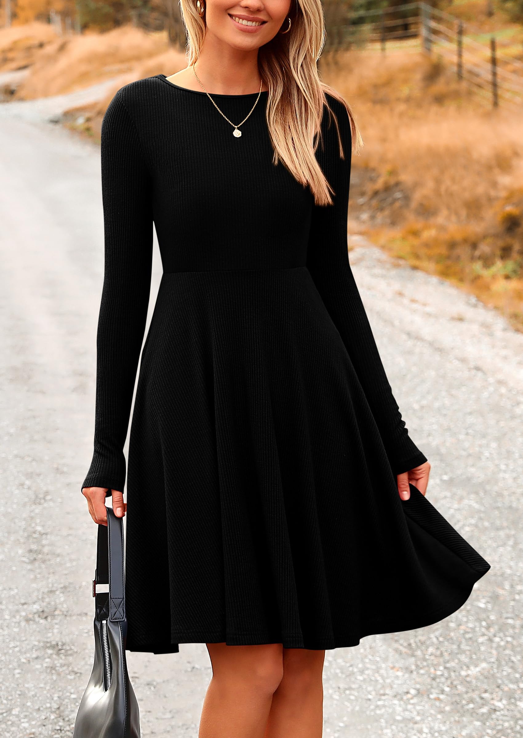 Women's Fall Casual Long Sleeve Short Dress (Black,S)