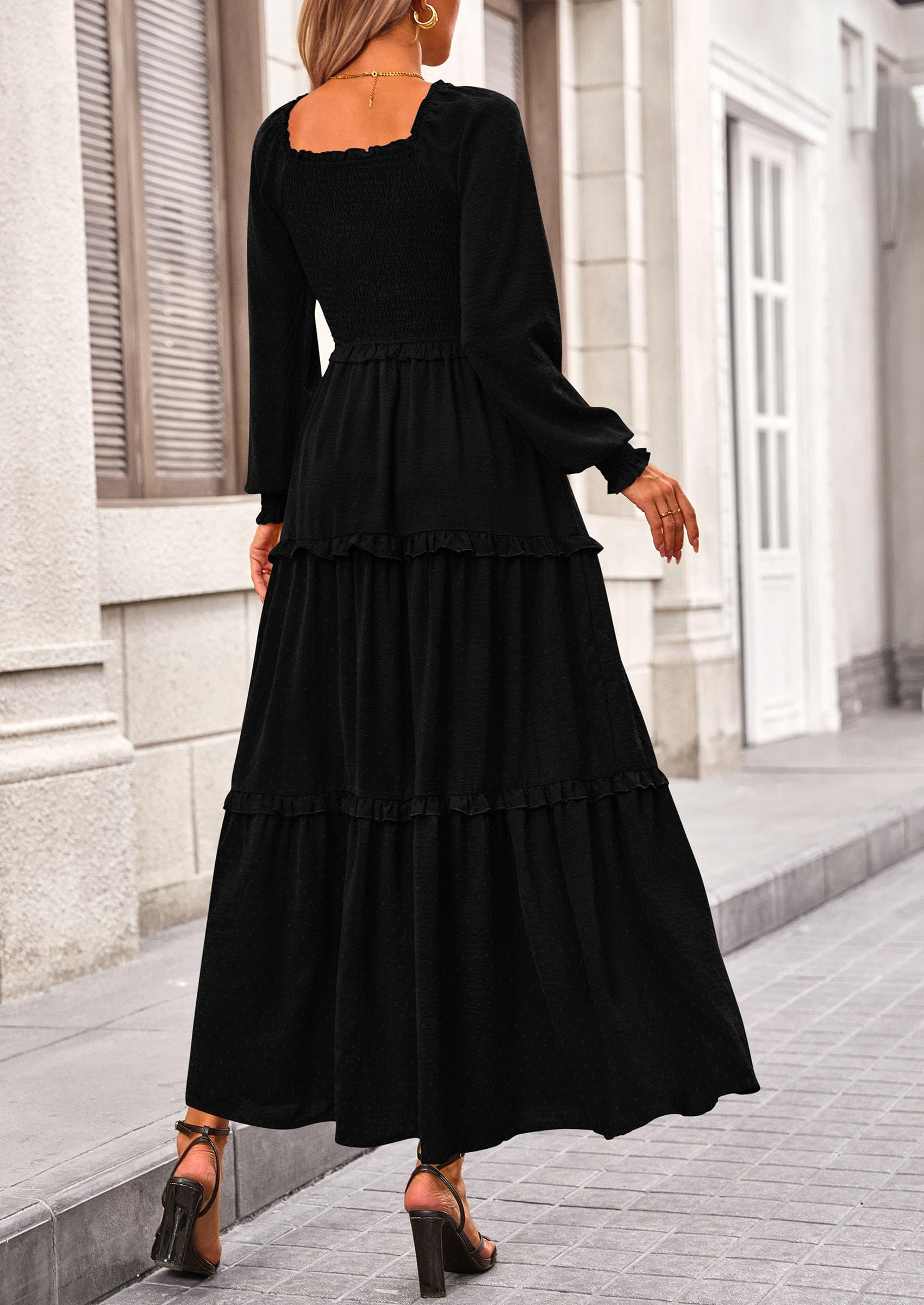 Women's Smocked Long Sleeve Maxi Dress Wedding Guest Dresses