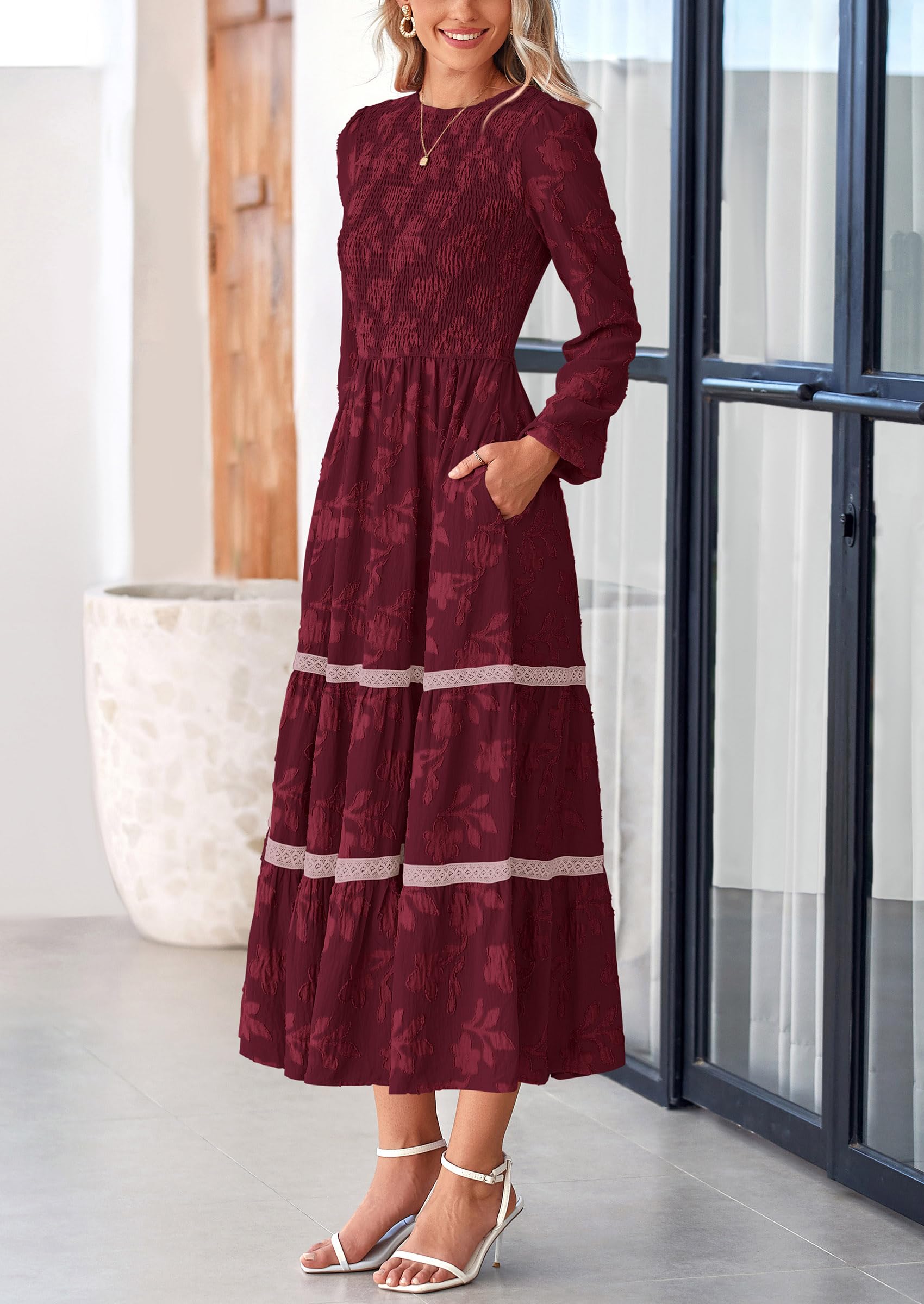 Women's Long Sleeve Boho Floral Midi Dress, Wine Red,S