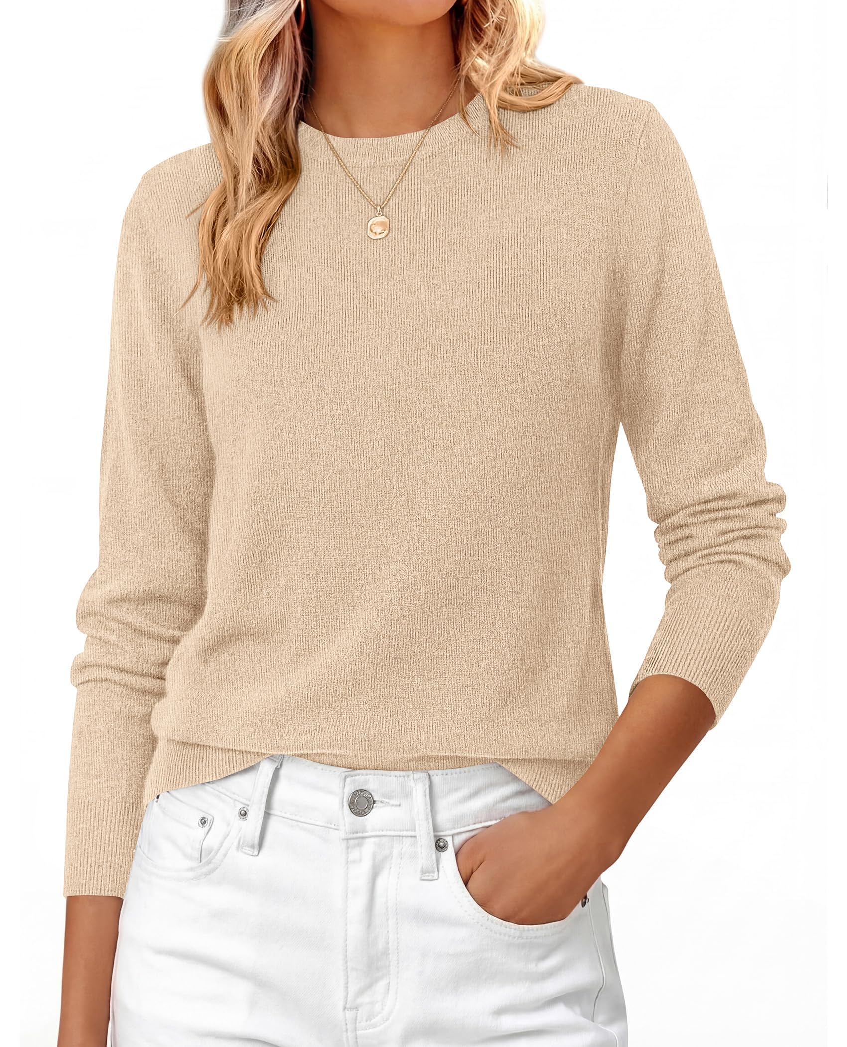 Womens Fall Basic Long Sleeve Sweater,Light Khaki,XS