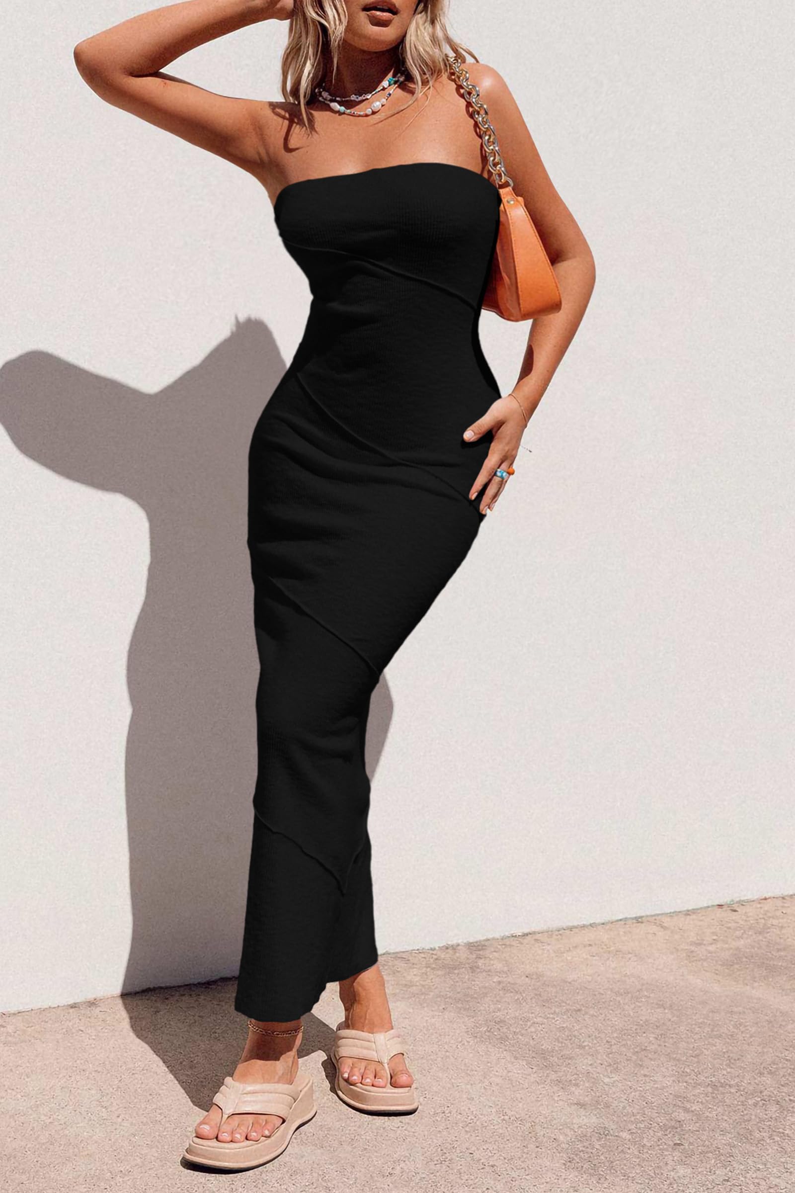 Women's Summer Strapless Bodycon Maxi Dress Black,X-Small