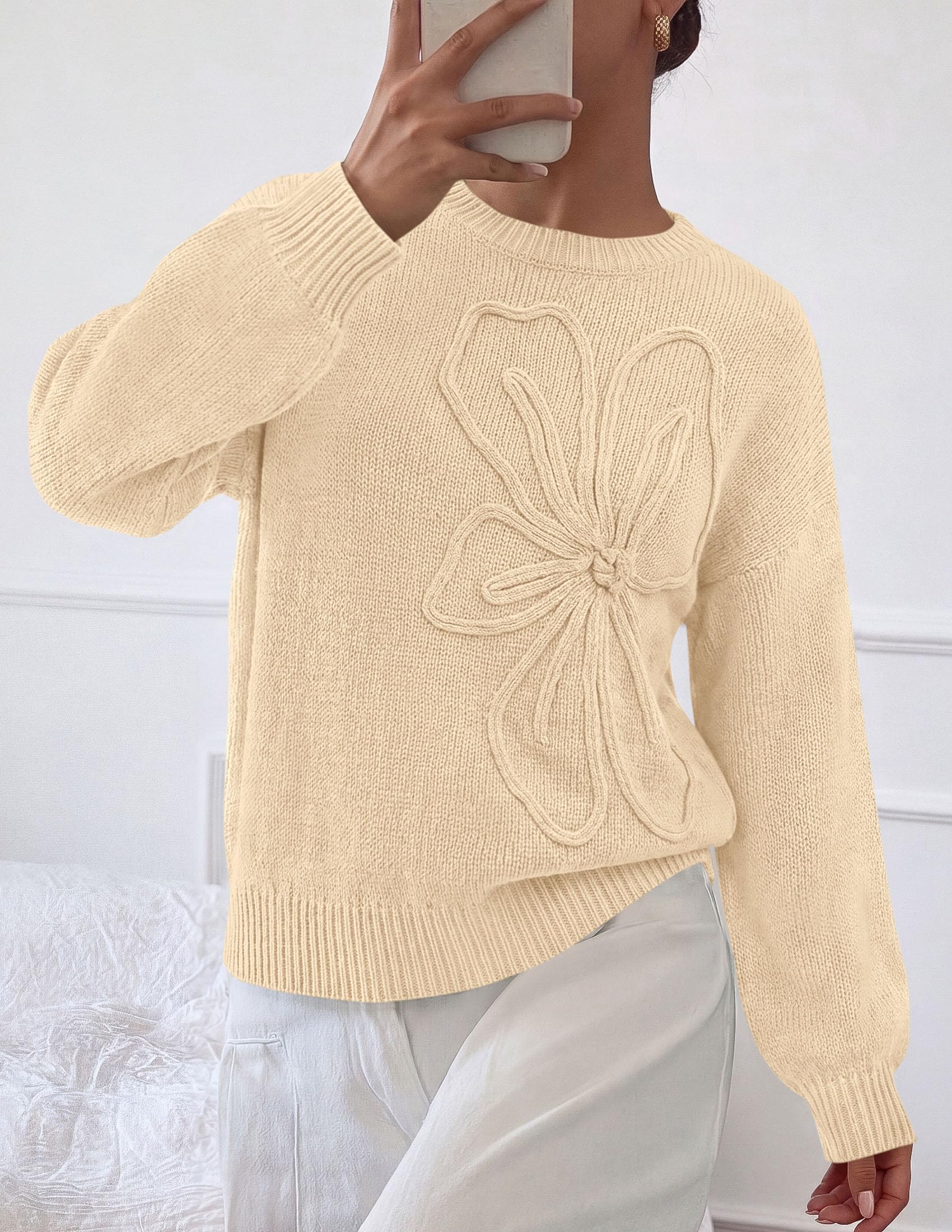 Women's Oversized 3D Floral Knit Sweater,Apricot,S