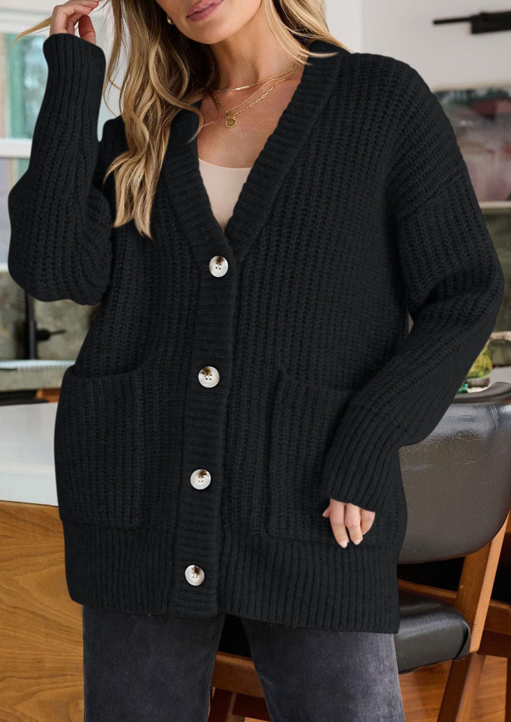 Oversized Cardigan Sweaters for Women Button Up,Black,S