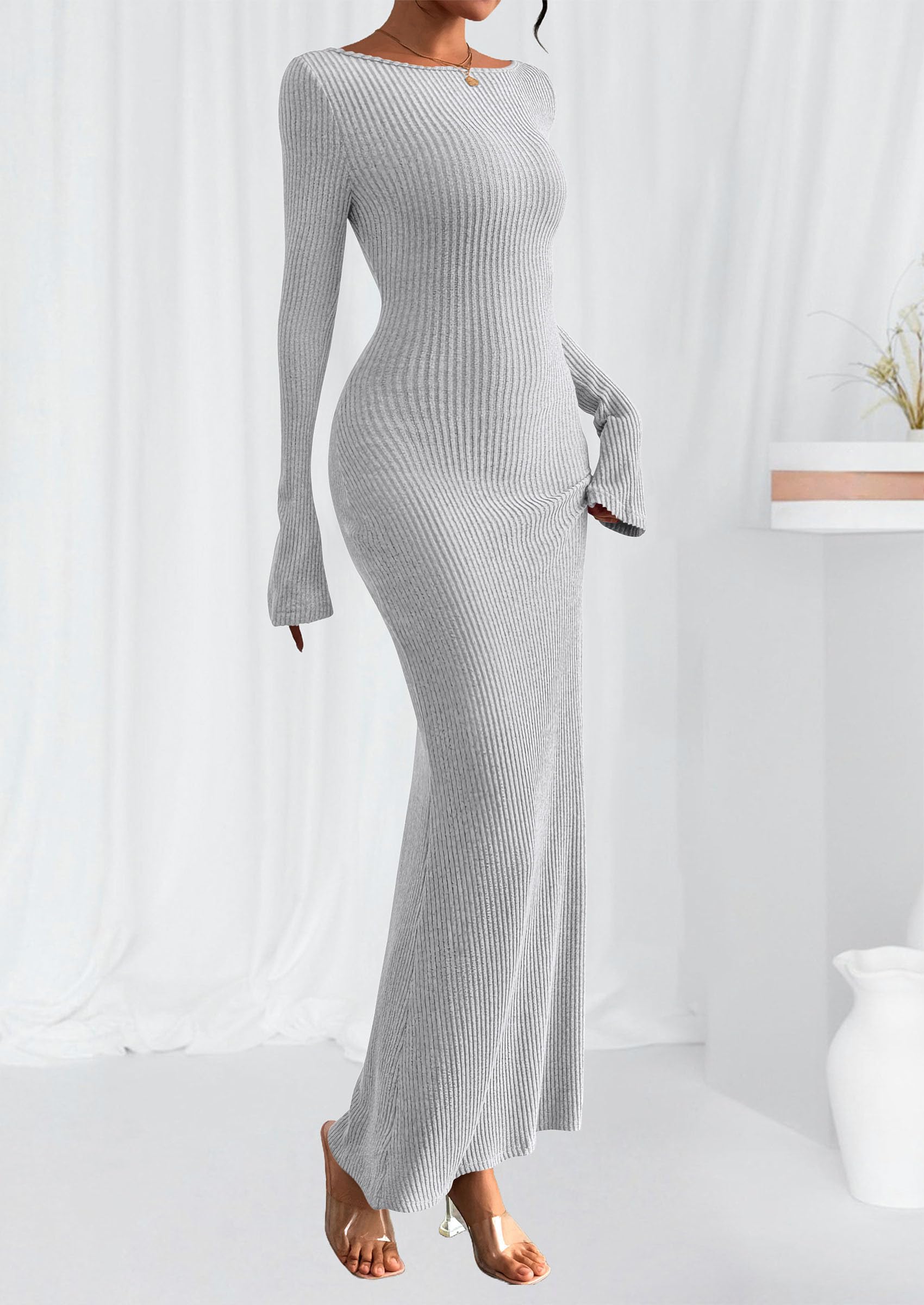 Women's Fall Long Sleeve Bodycon Maxi Dresses (Grey,XS)