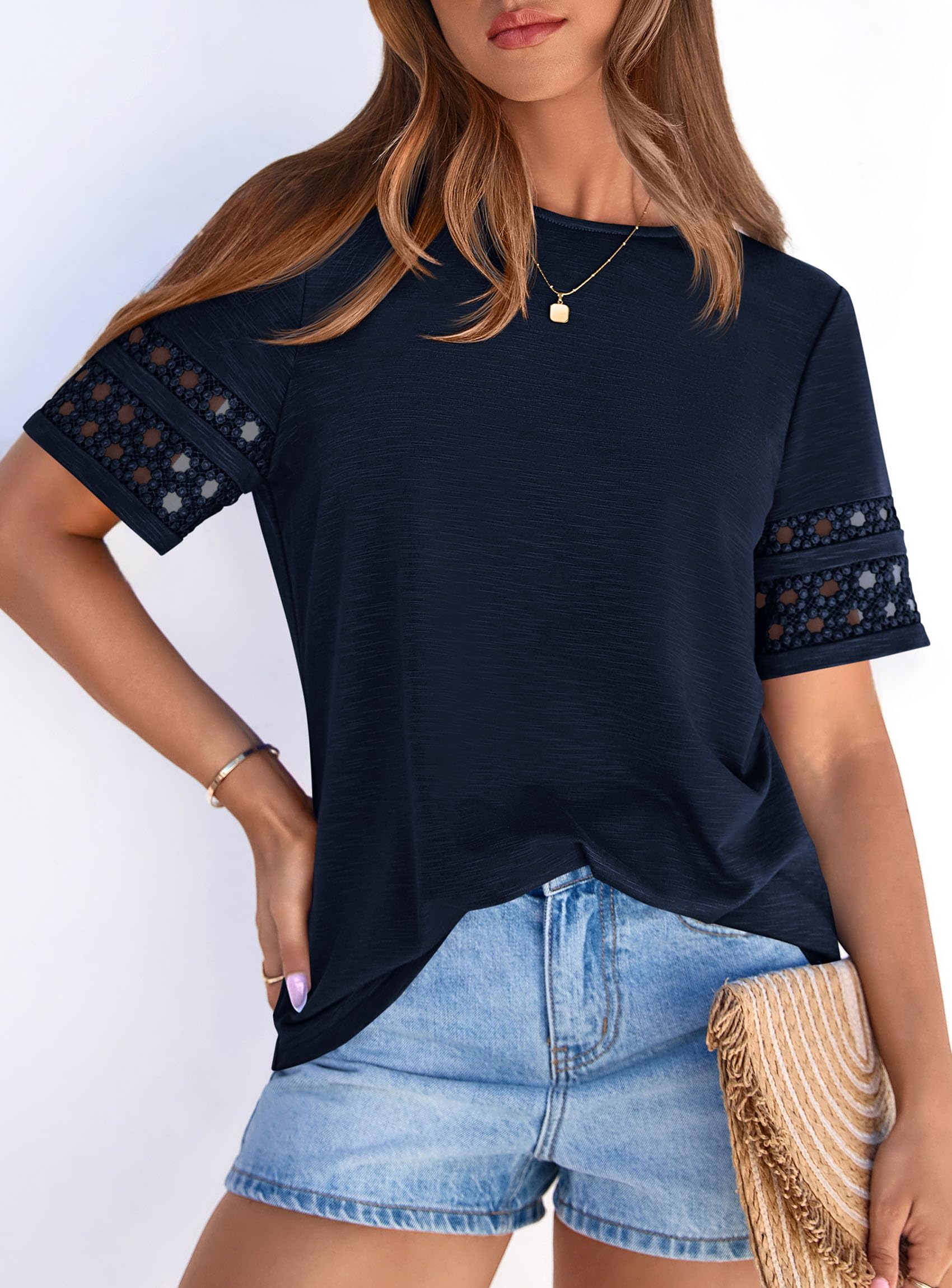 Women's Summer Short Sleeve Lace Trim T-Shirts,Navy Blue,S