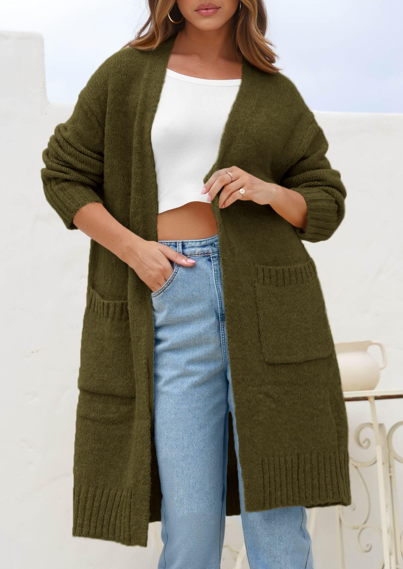Open Front Cardigan Sweaters for Women,Army Green,S