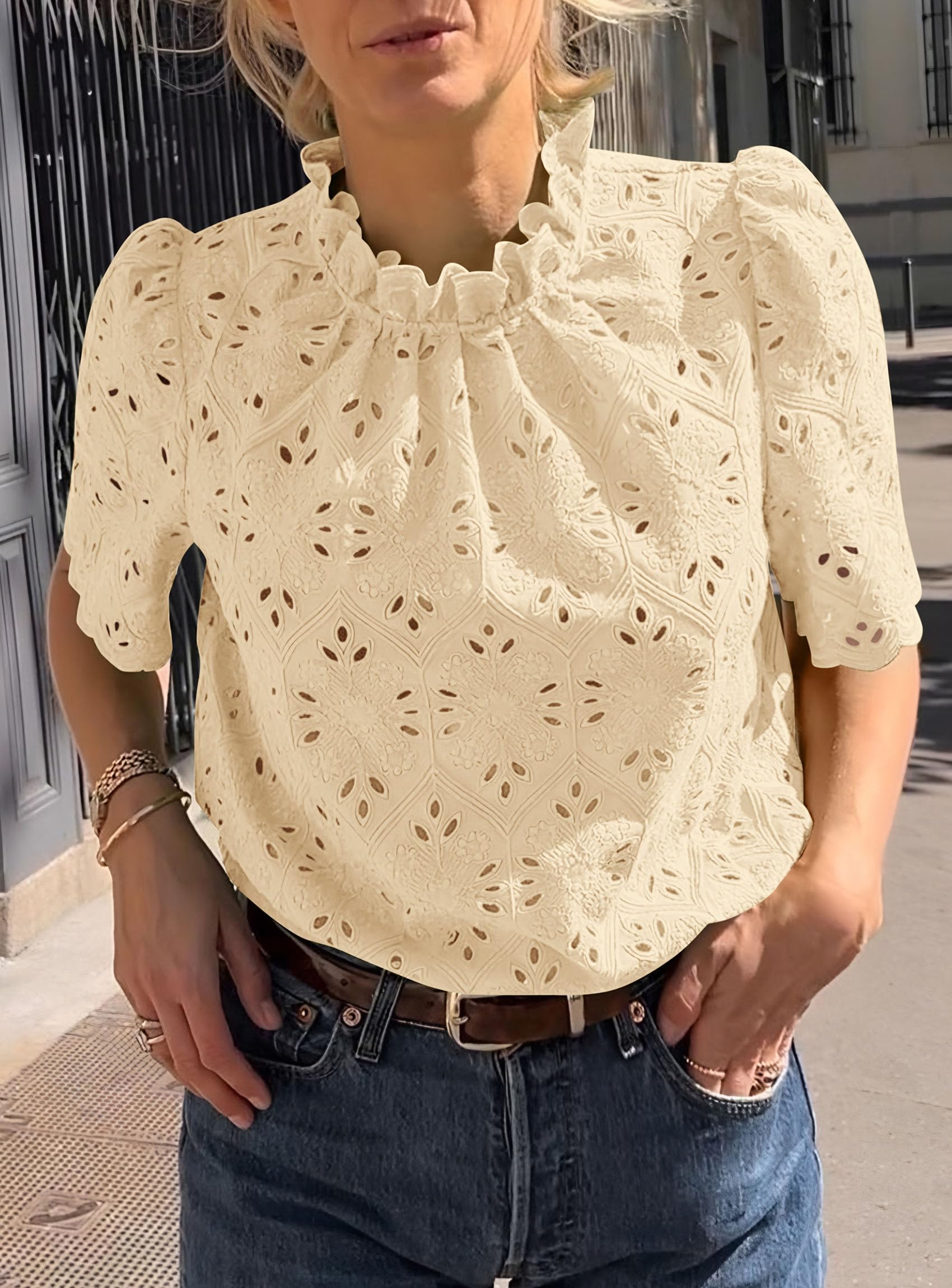 Women Summer Tops Eyelet Embroidered Shirts,Beige Yellow,XS