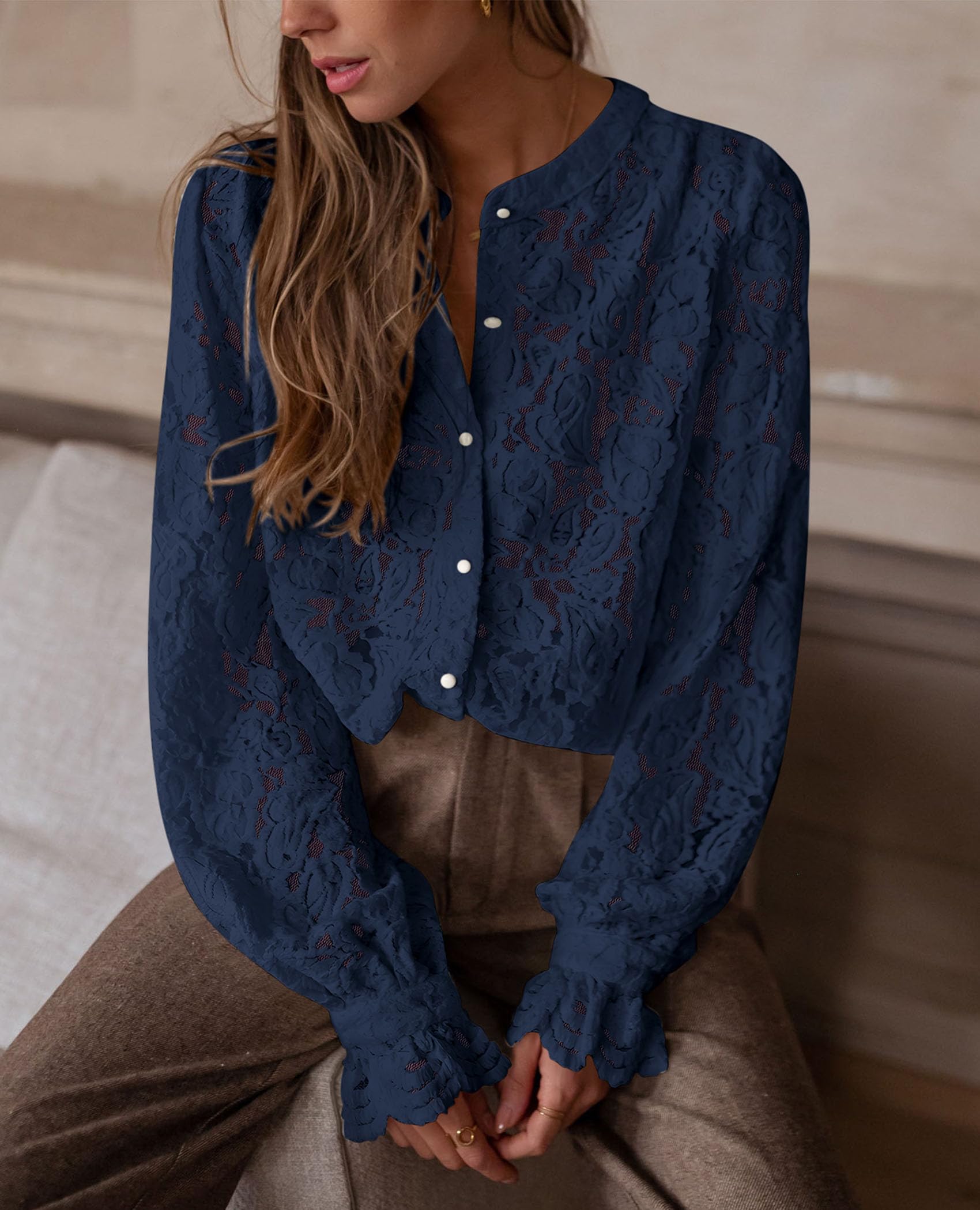 Women's Fall Trendy Long Sleeve Lace Tops(Navy,Small)