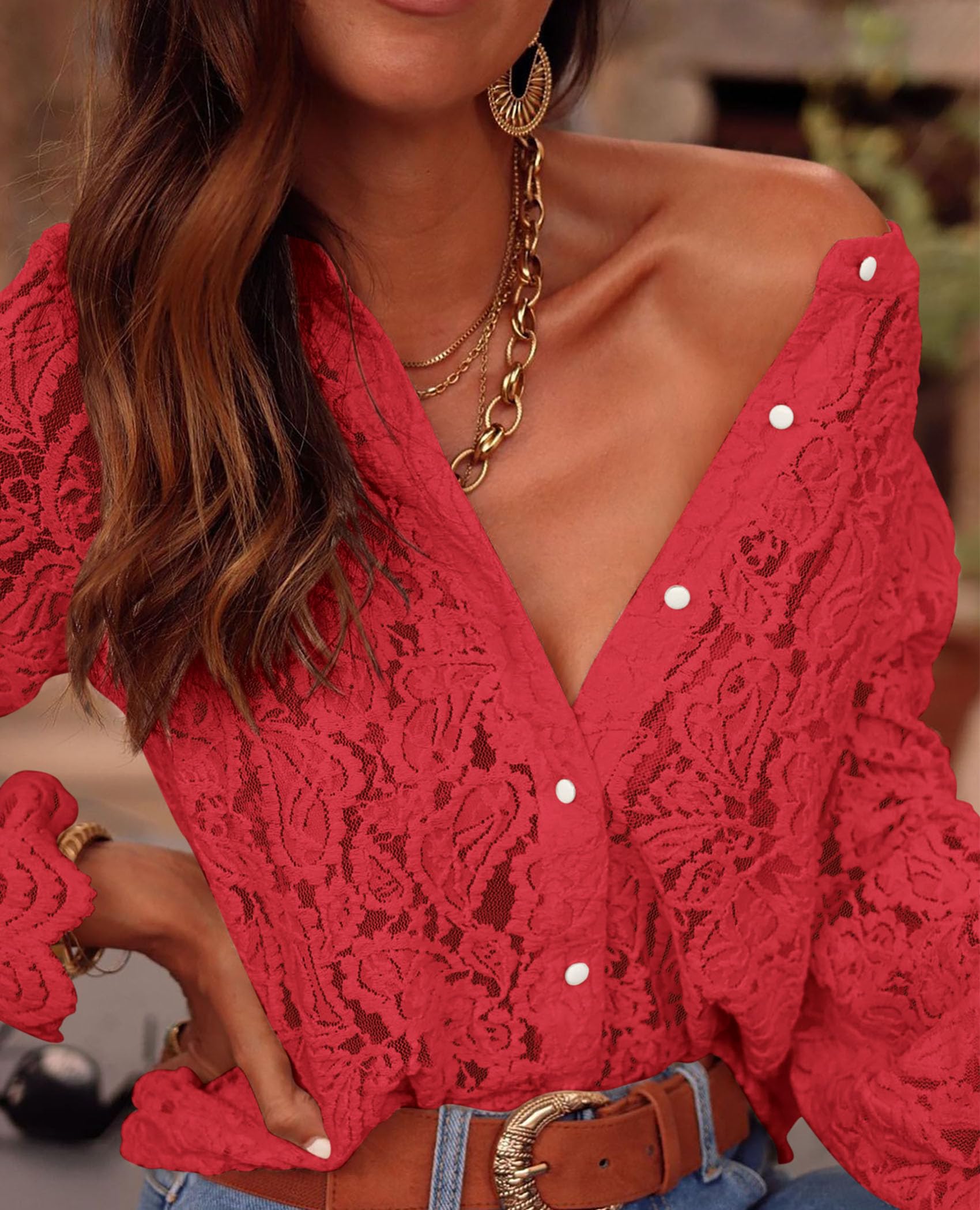 Women's Fall Trendy Long Sleeve Lace Tops(Red,Small)