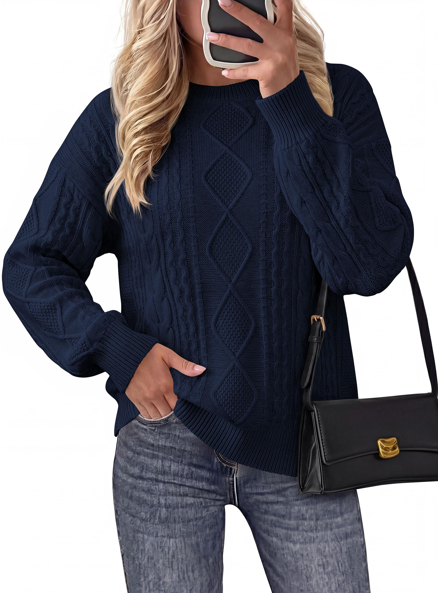 Women's Crewneck Cable Knit Sweater Pullover Tops Navy