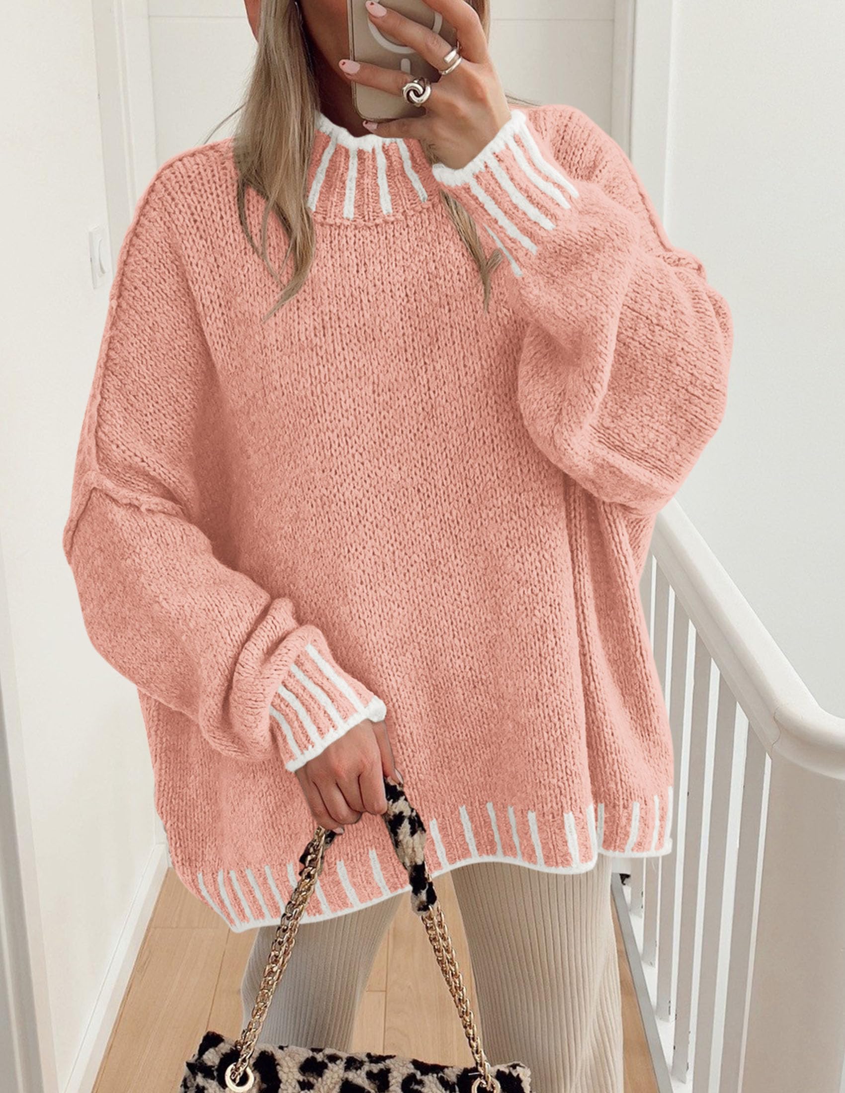 Women's Mock Neck Oversized Pullover Sweaters,Pink,XS