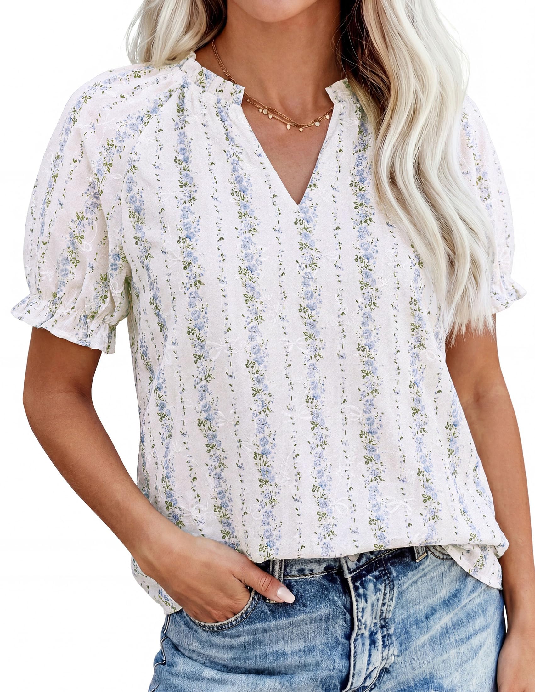 Womens Floral Short Sleeve Blouses,Striped and Flower,S