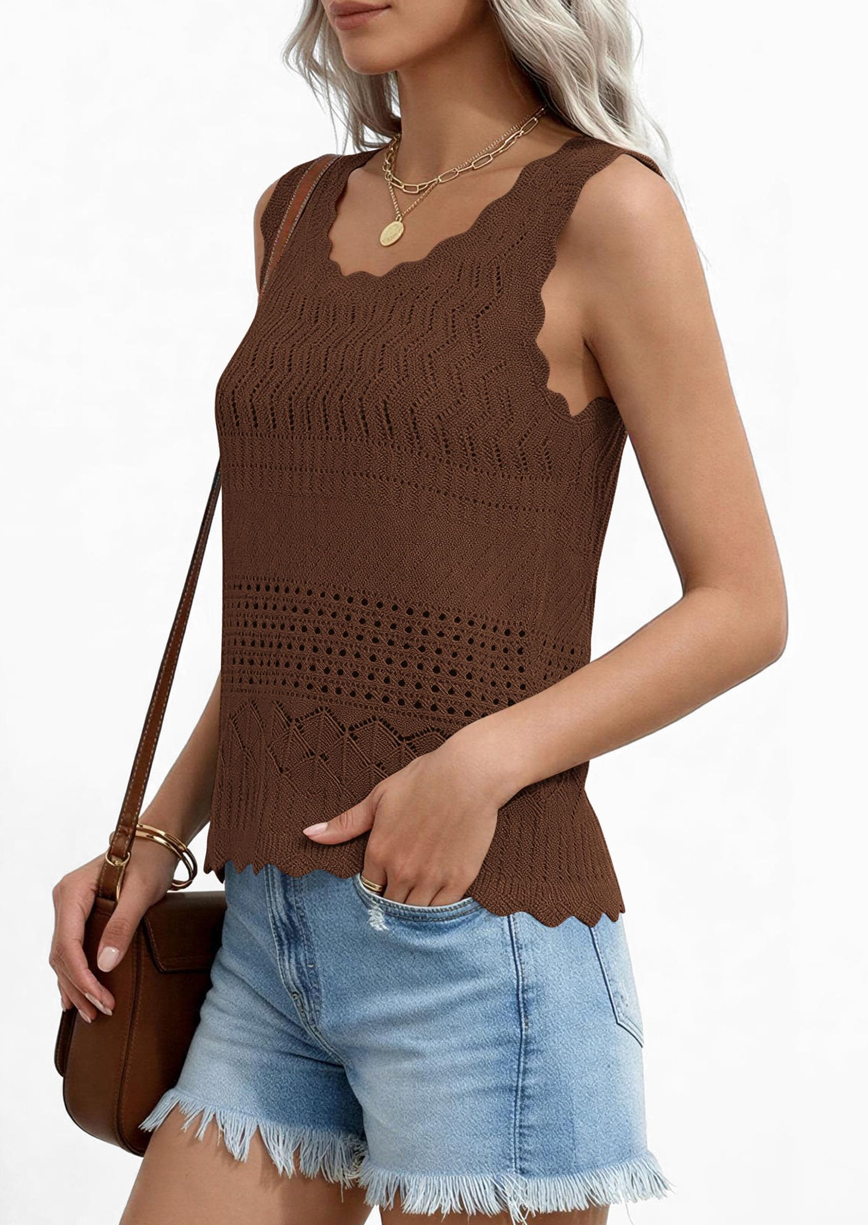 Womens Crochet Tank Tops Knit Sleeveless Vest,Brown,S