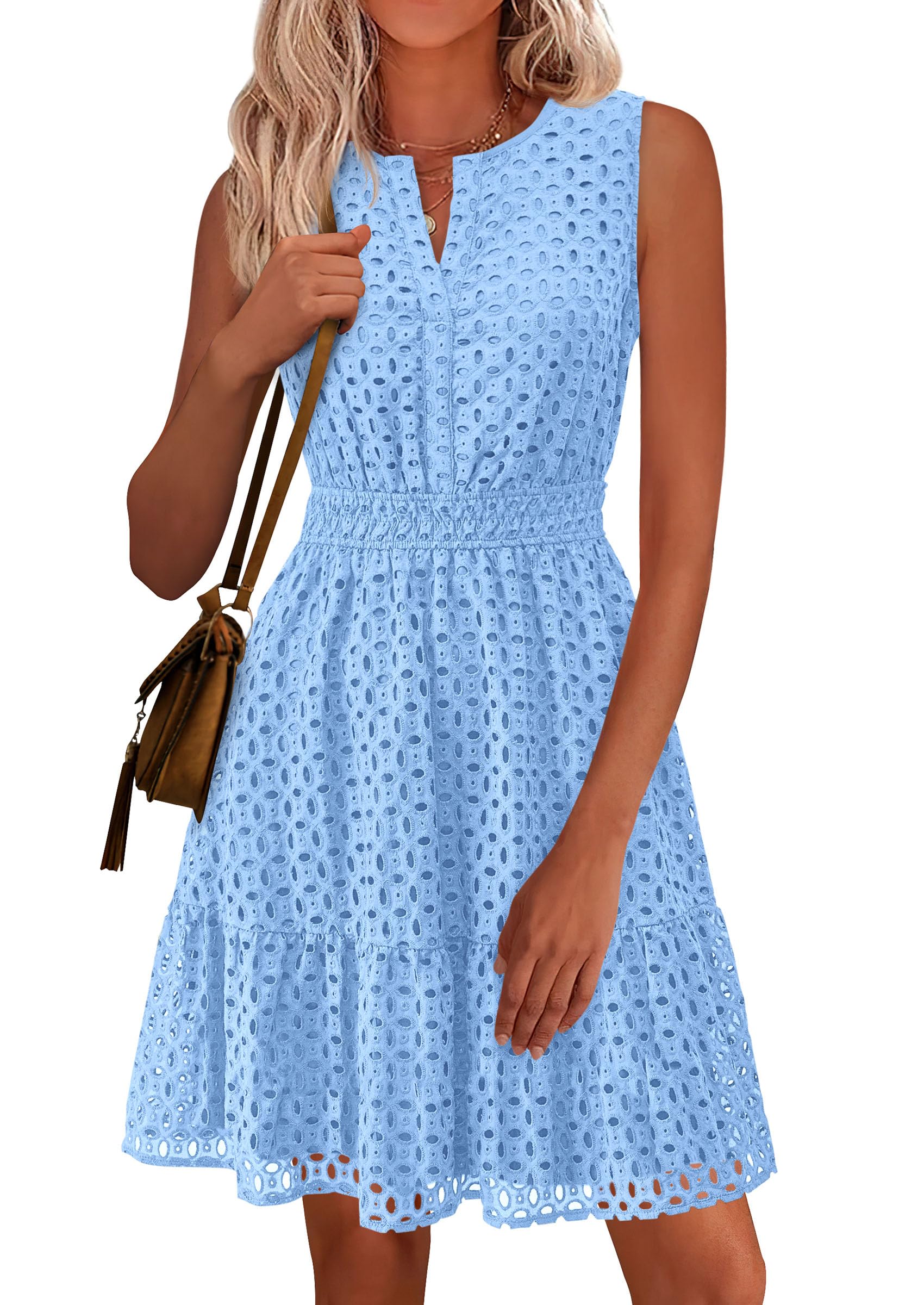 Women's Summer Eyelet A Line Short Dresses,Light Blue,S