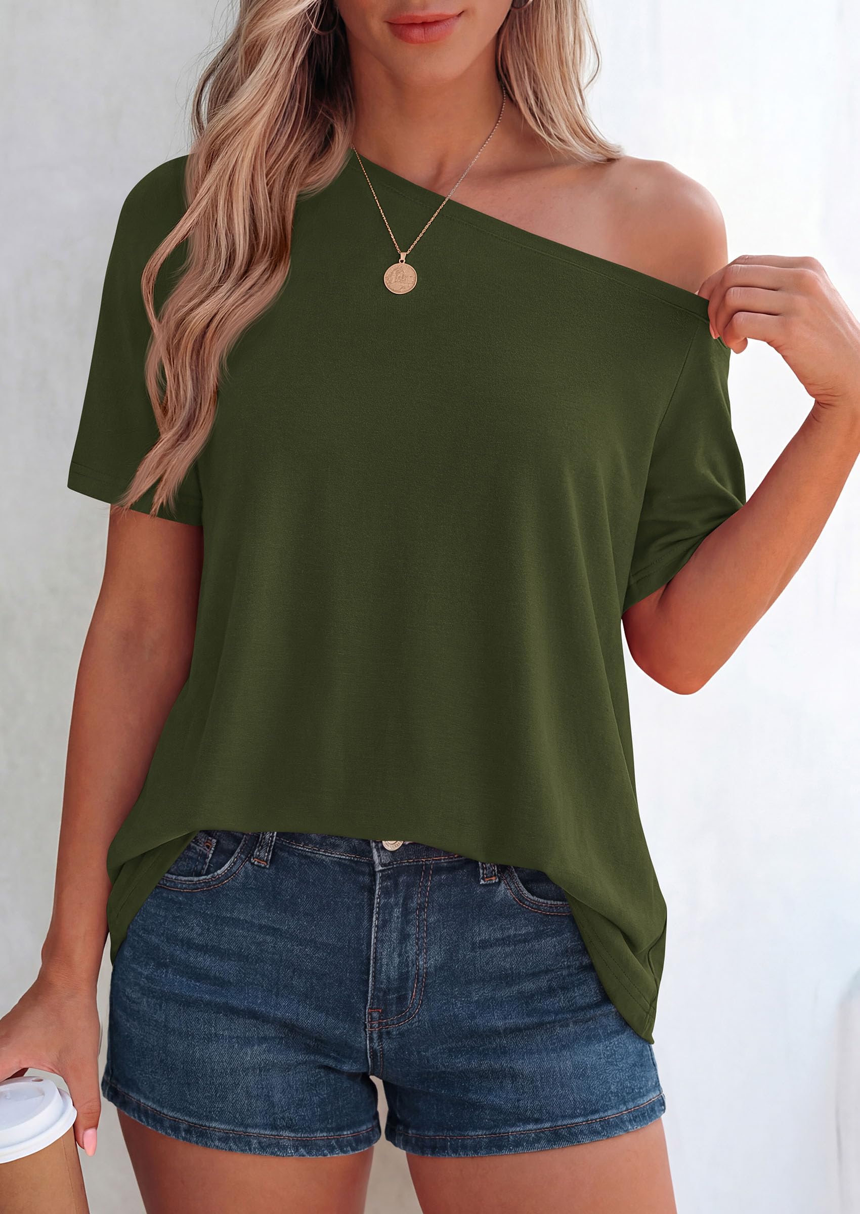 Off Shoulder Tops for Women Oversized Tshirts, Army Green,S