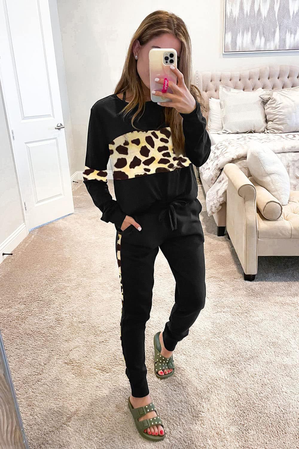 Women Color Block 2 Piece Sets Tracksuit,Leopard Black,S