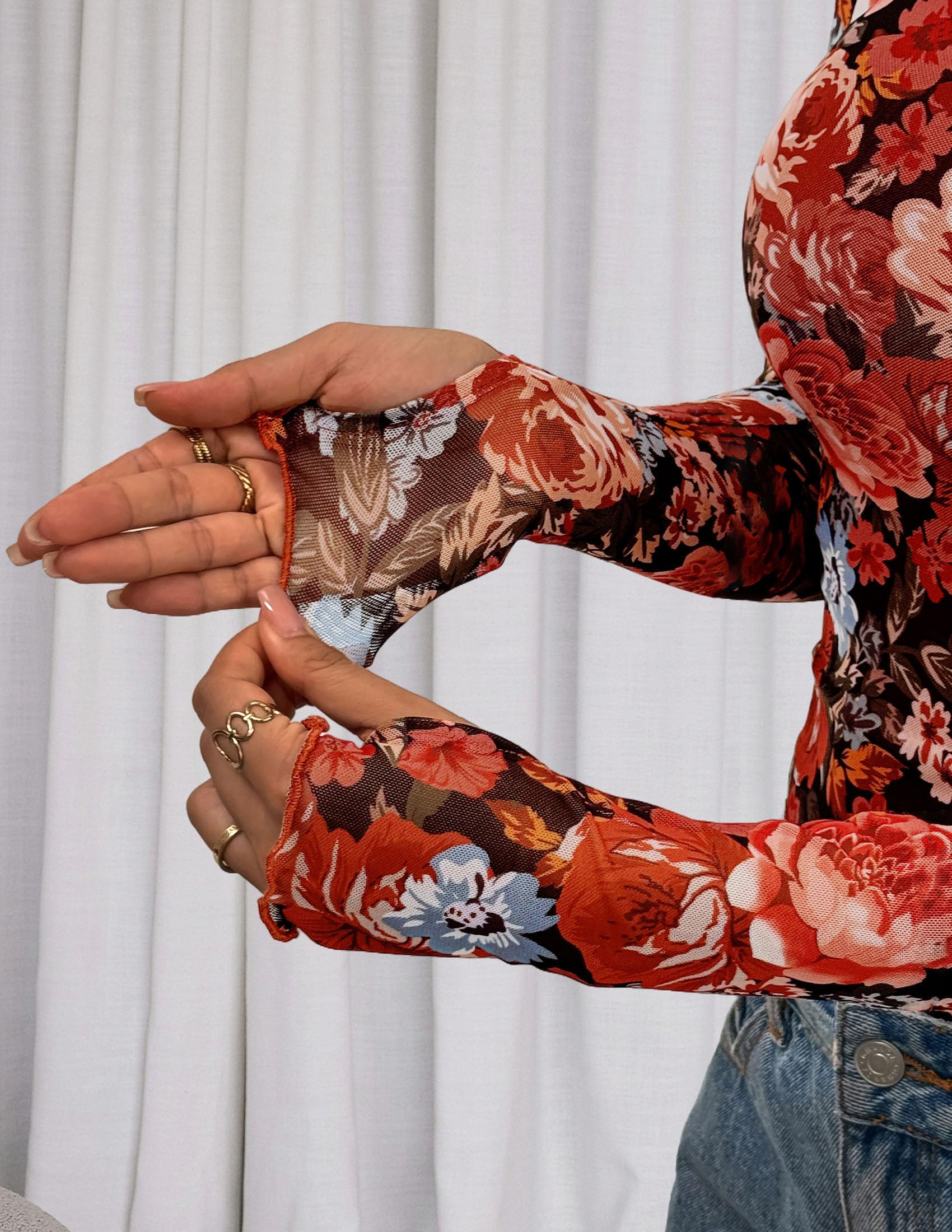 Womens Floral Mesh Long Sleeve Tops Fall Slim Fitted Shirts