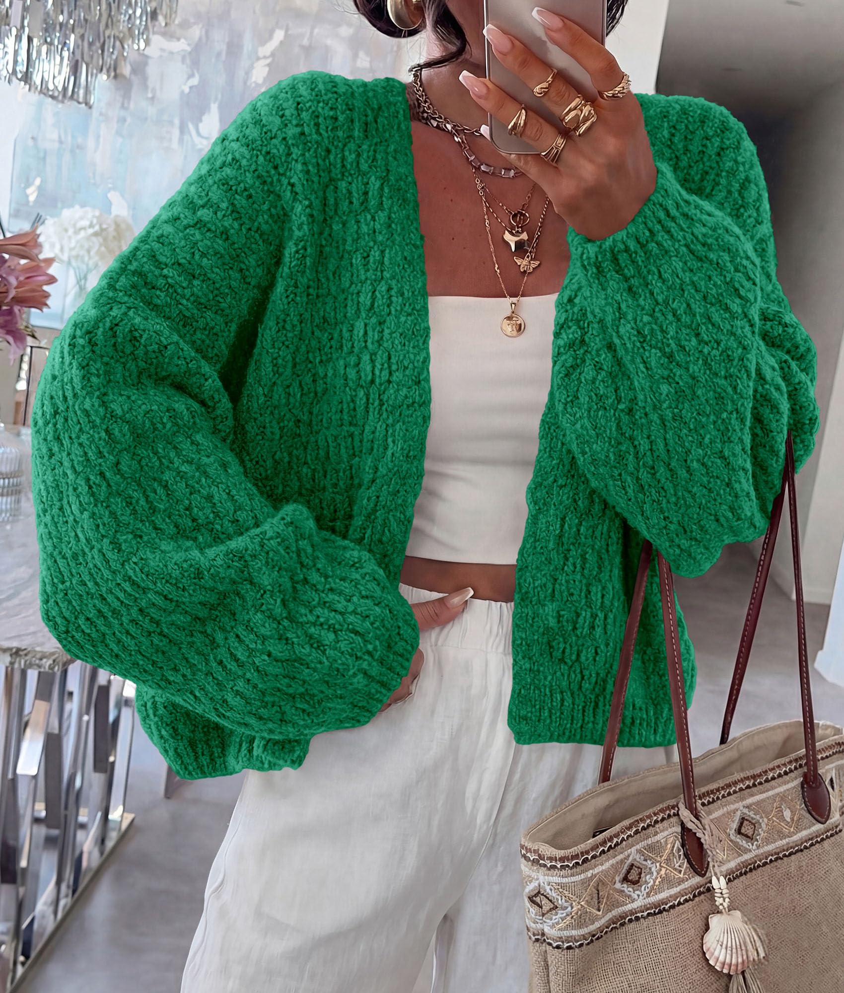 Women's Fall Cardigan Open Front Chunky Sweaters Green S