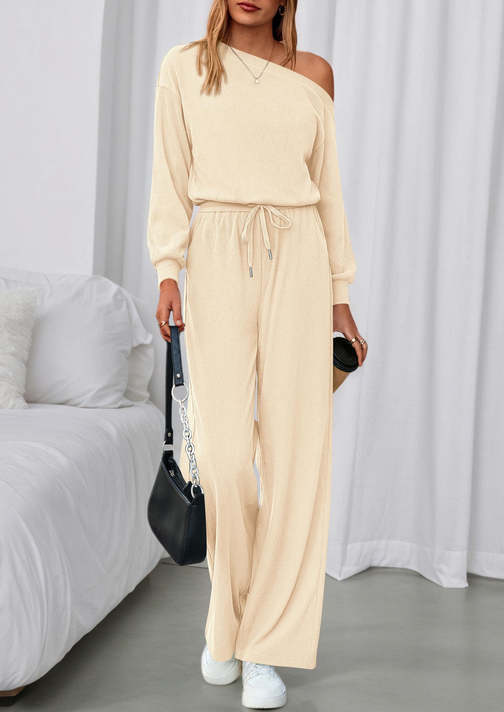 Womens Off Shoulder Long Sleeve Jumpsuit,Apricot,M