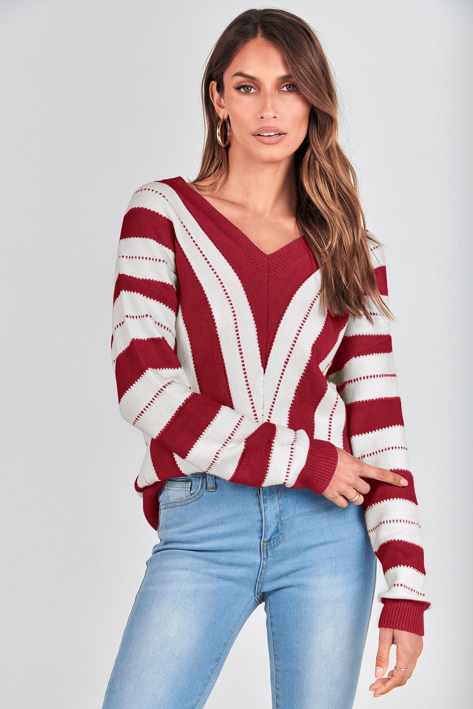 Women's V Neck Striped Knit Pullover Sweater