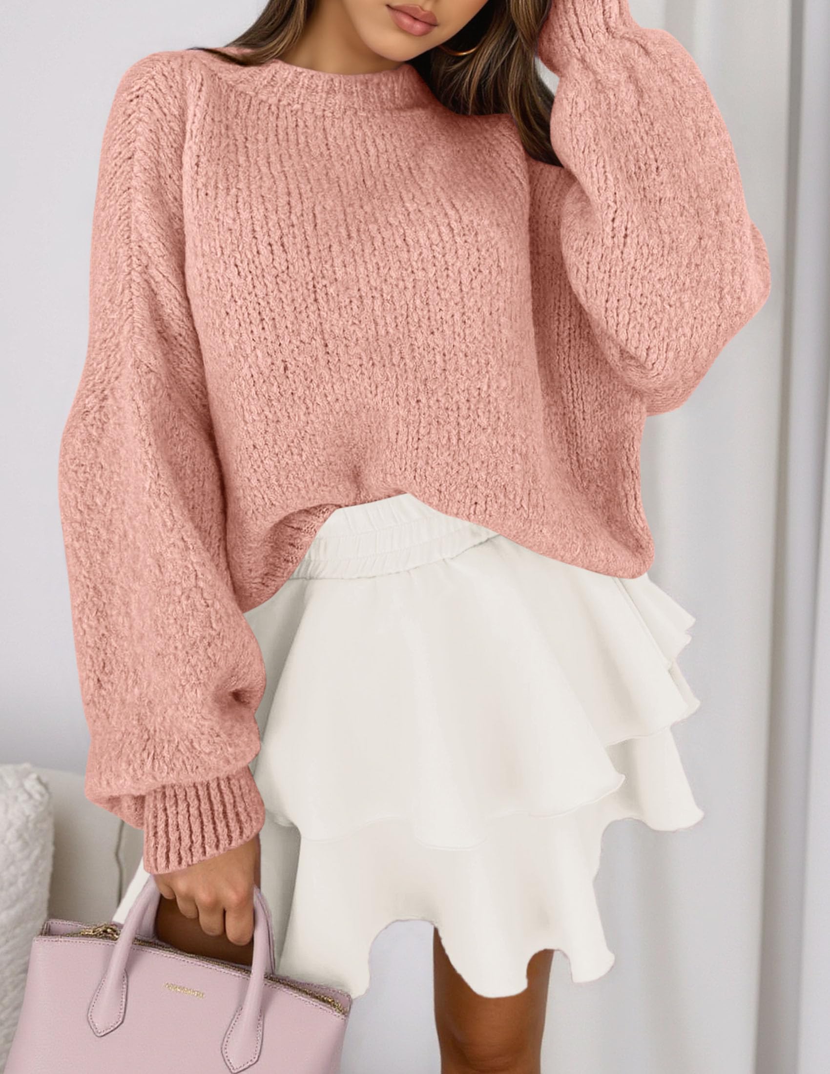 Women's Chunky Knit Oversized Pullover Sweaters,Light Pink,S