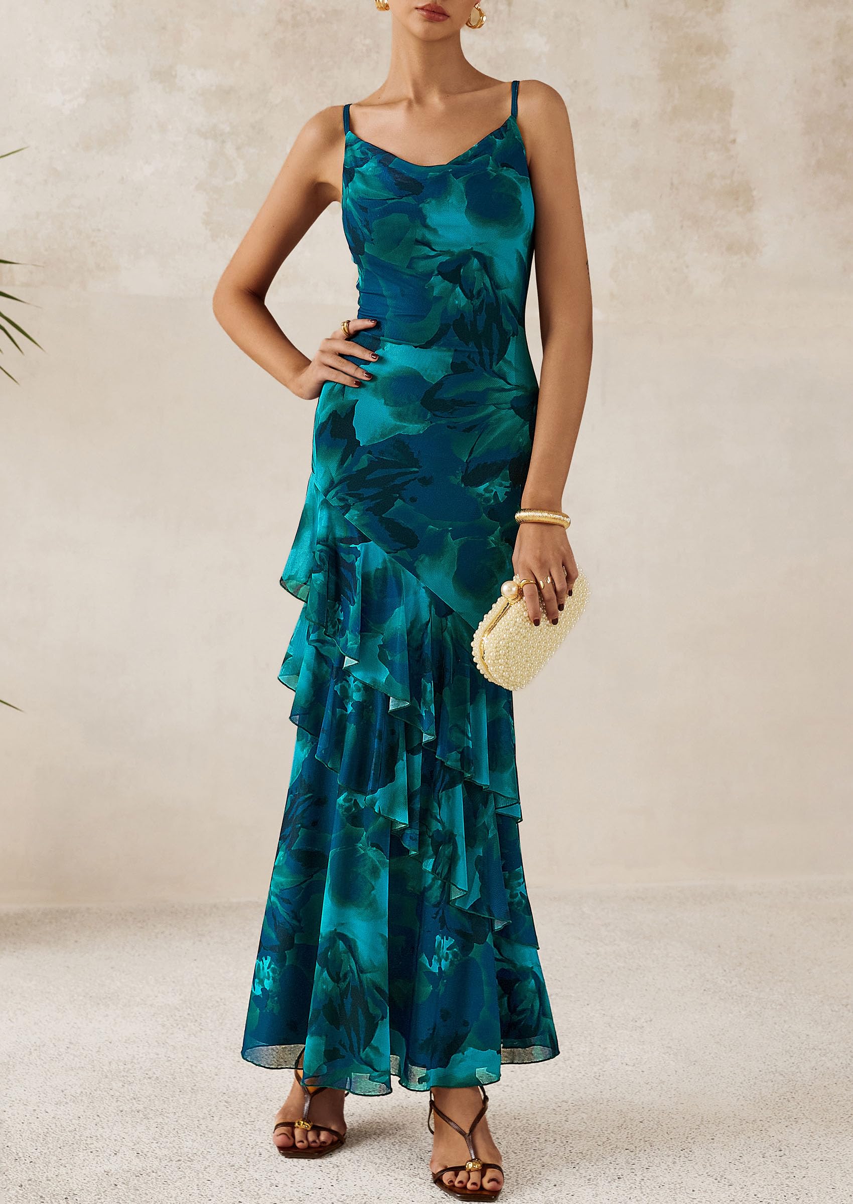 Women's Boho Floral Tiered Maxi Dress, Floral Lake Blue,XS