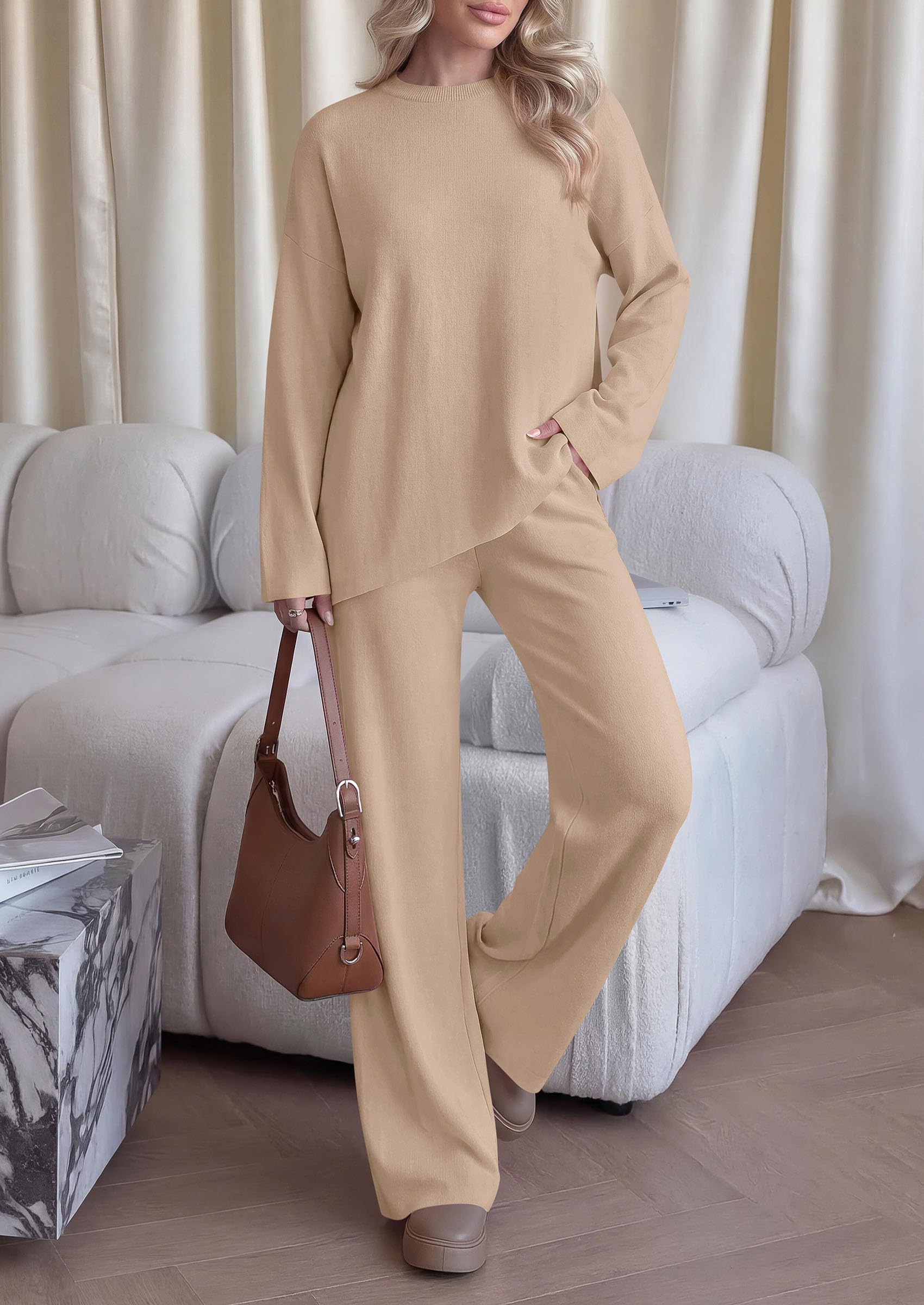 Womens Fall 2 Piece Asymmetric Cozy Sweater Travel Lounge Sets