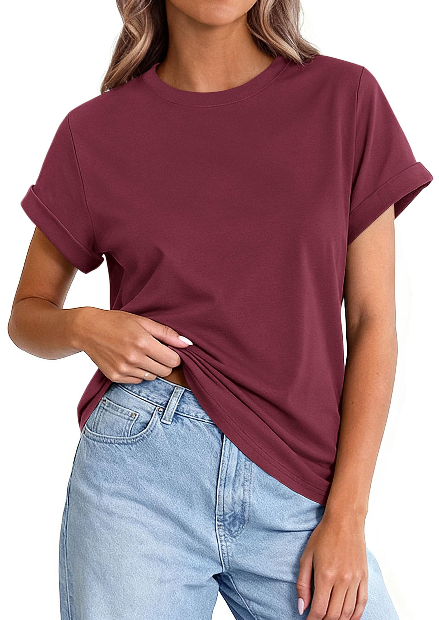 Womens Summer Tops Short Sleeve Shirts,Wine Red,M