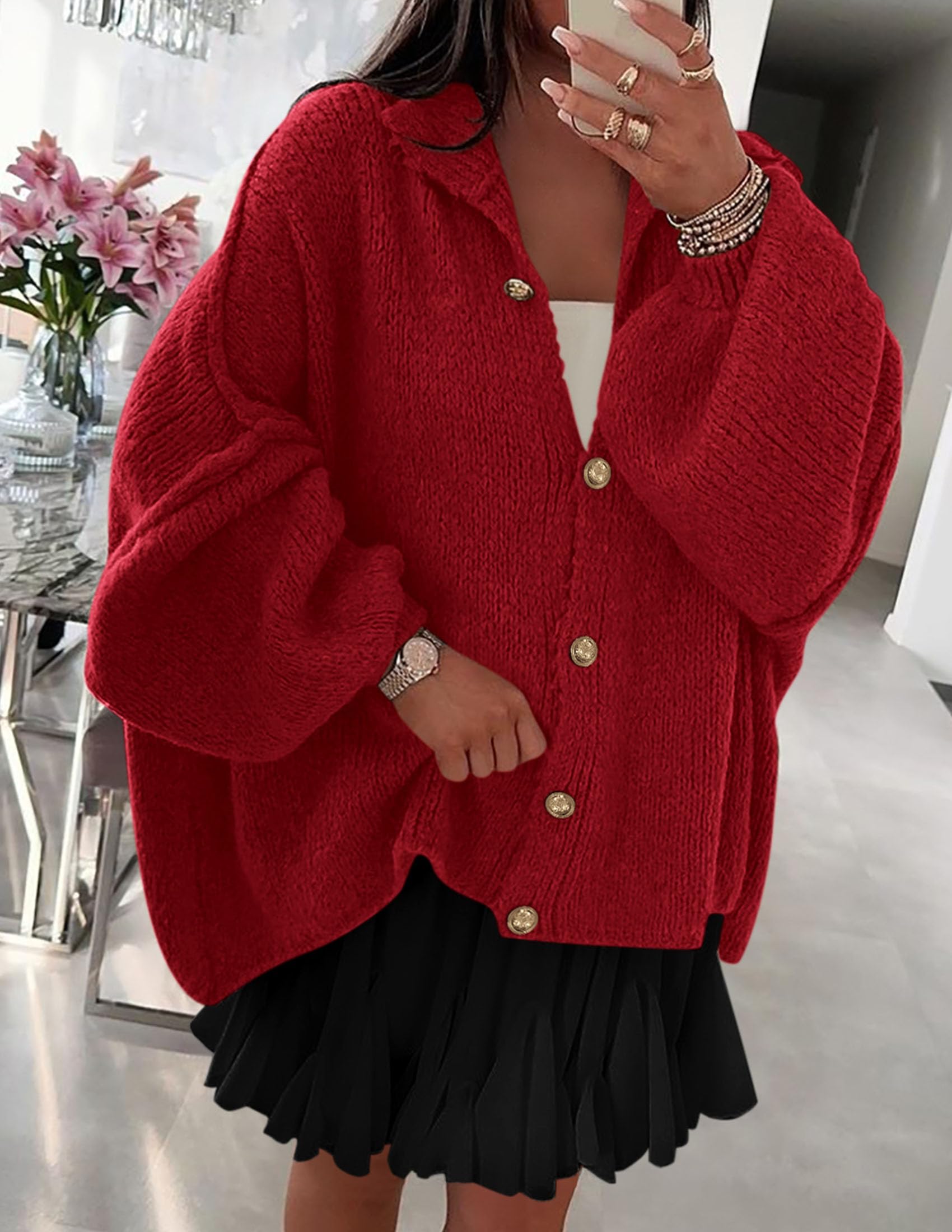 Women's Oversized Chunky Cardigan Sweaters(Jujube Red,Small)
