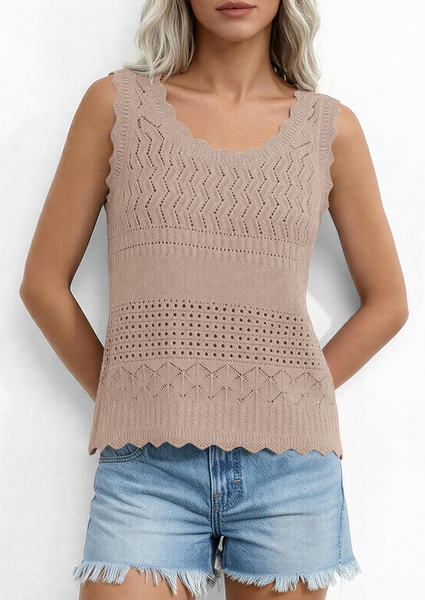 Womens Crochet Tank Tops Knit Sleeveless Vest,Khaki,S
