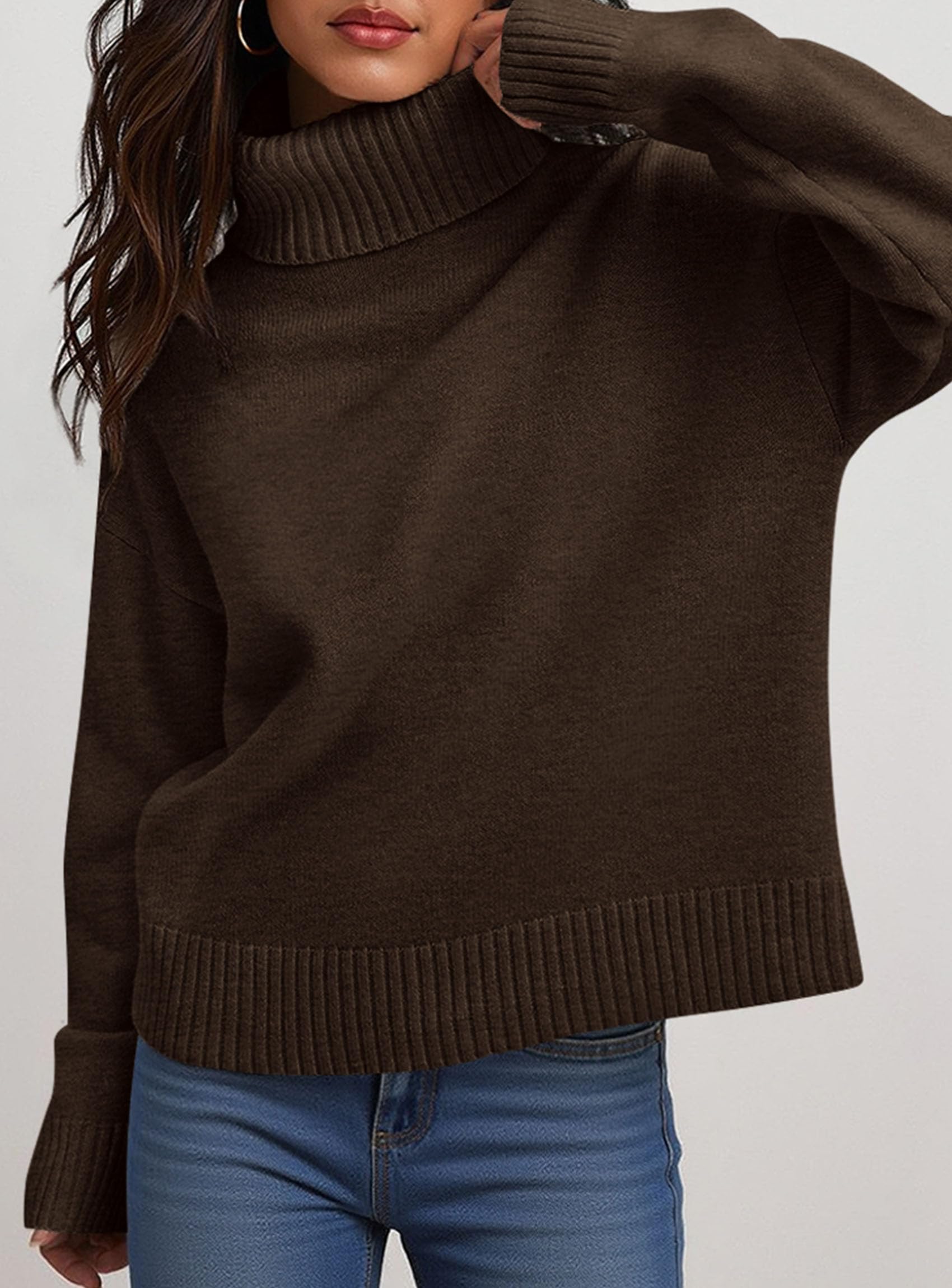 Womens Turtleneck Long Sleeve Knit Sweater,Brown,S