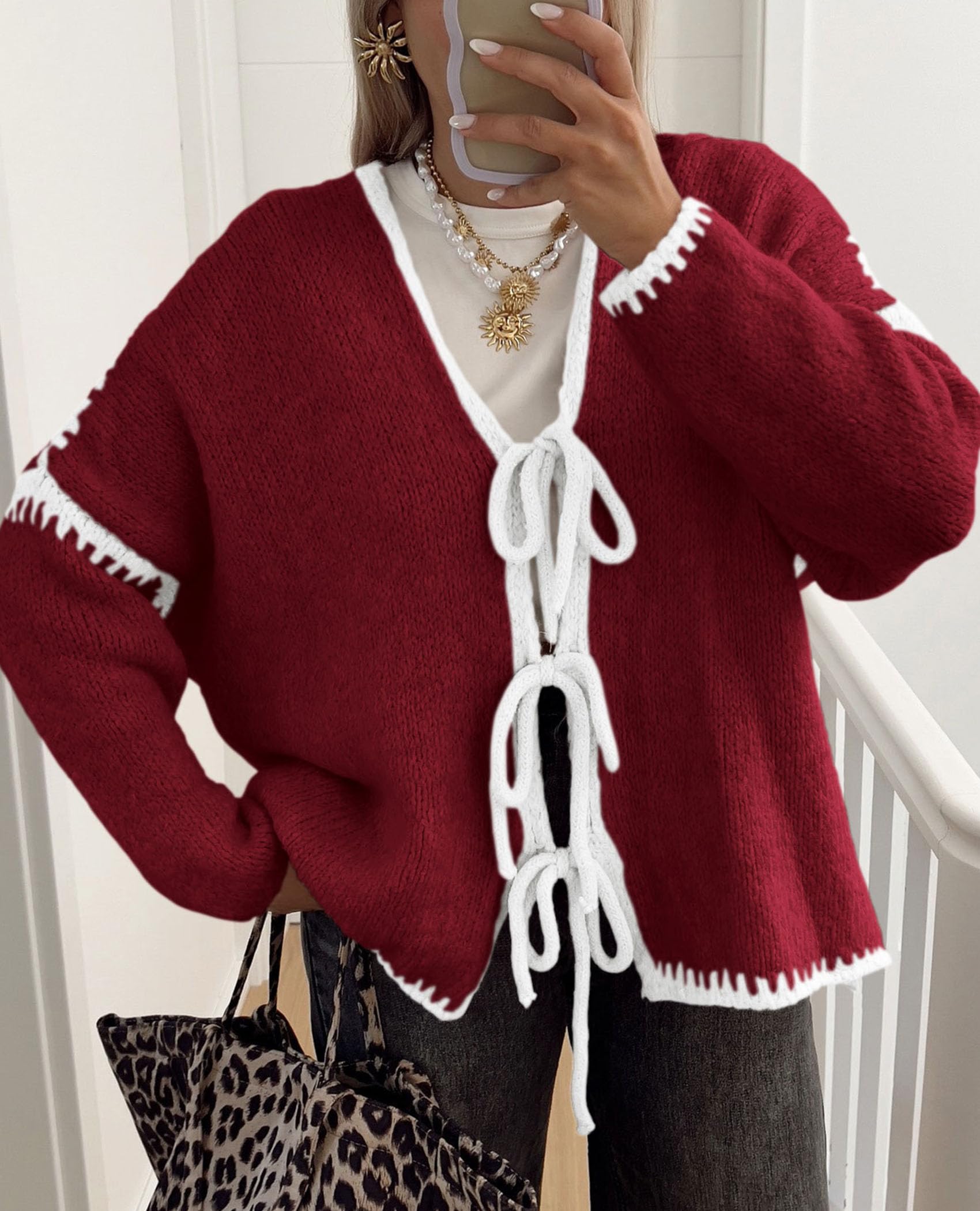 Women's Tie Front Bow Cardigan Sweaters(Wine Red White,Small)