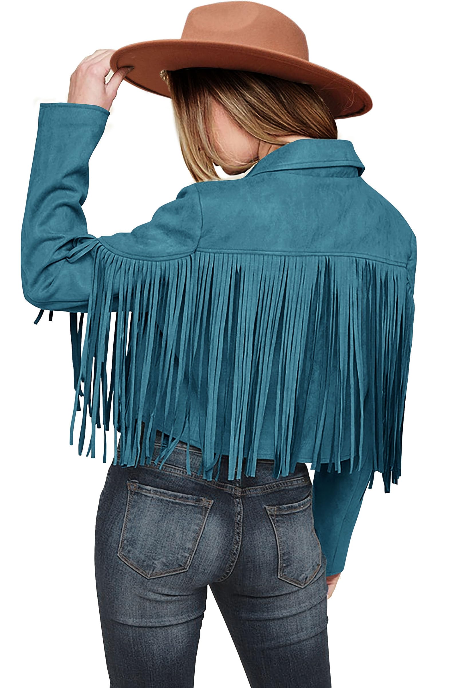 Women's Fringe Faux Suede Leather Jackets,Lake Blue,S