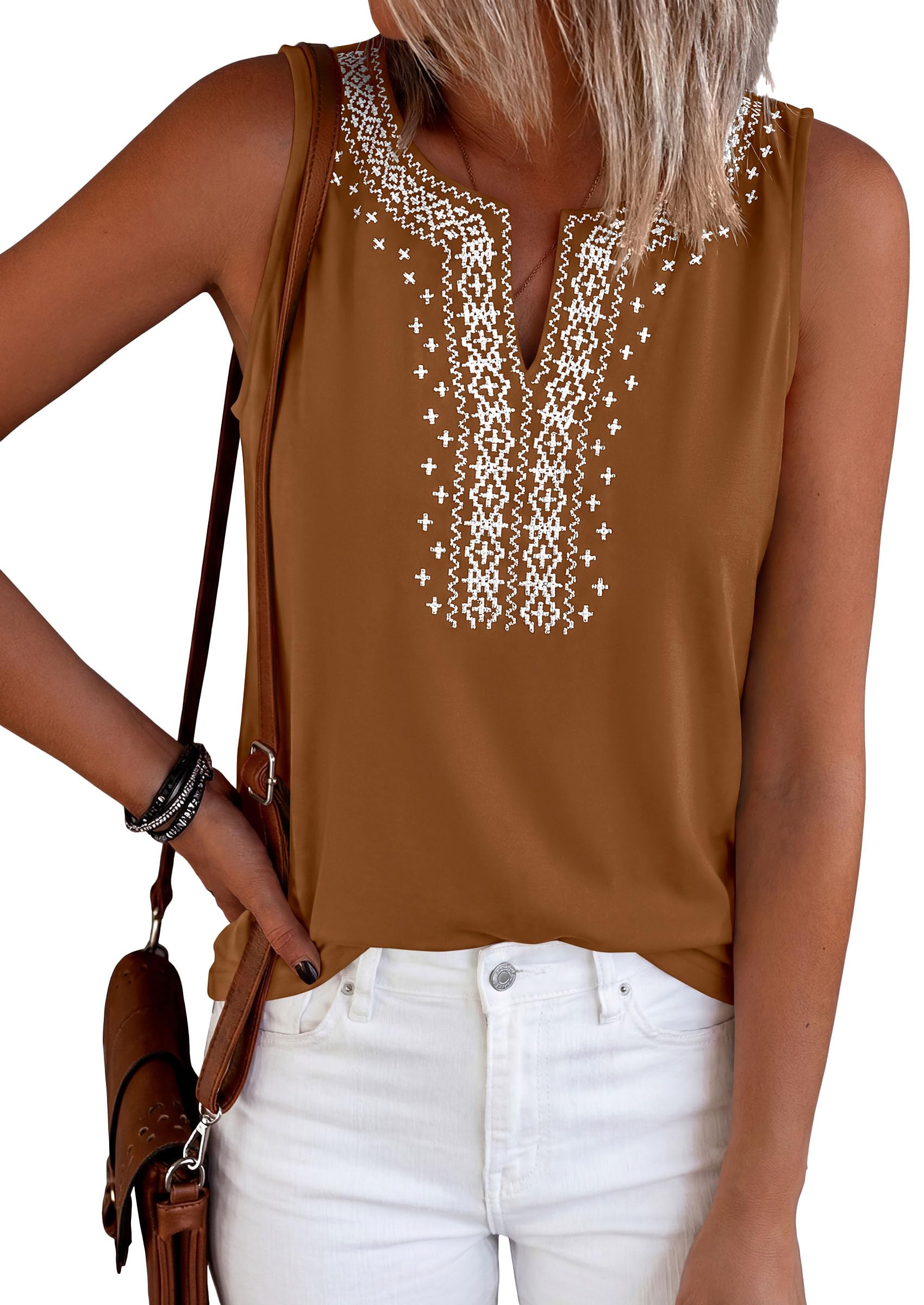 Womens Embroidered Sleeveless Tank Tops Khaki,S
