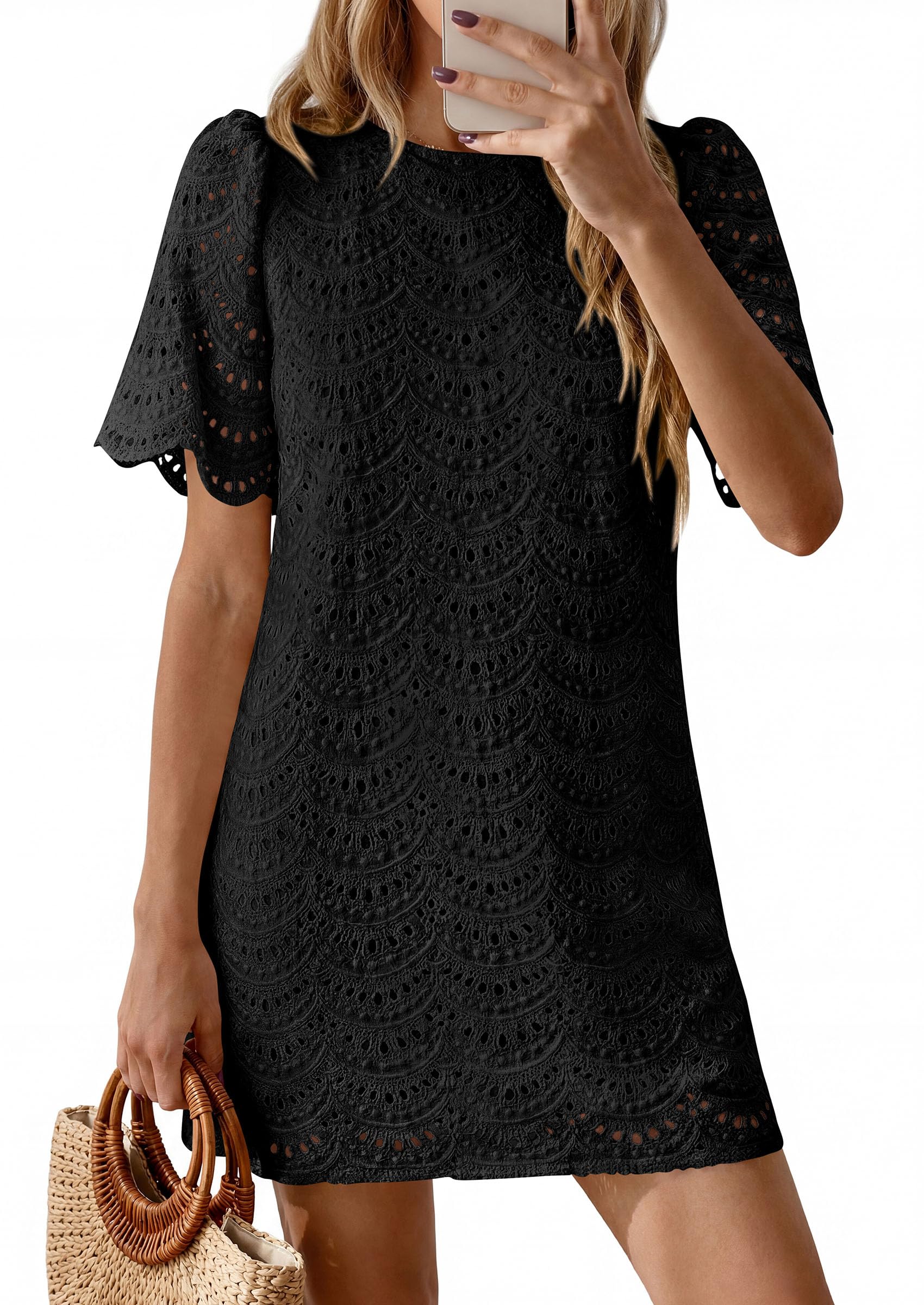 Women's Summer Eyelet Lace Short Dress (Black,S)