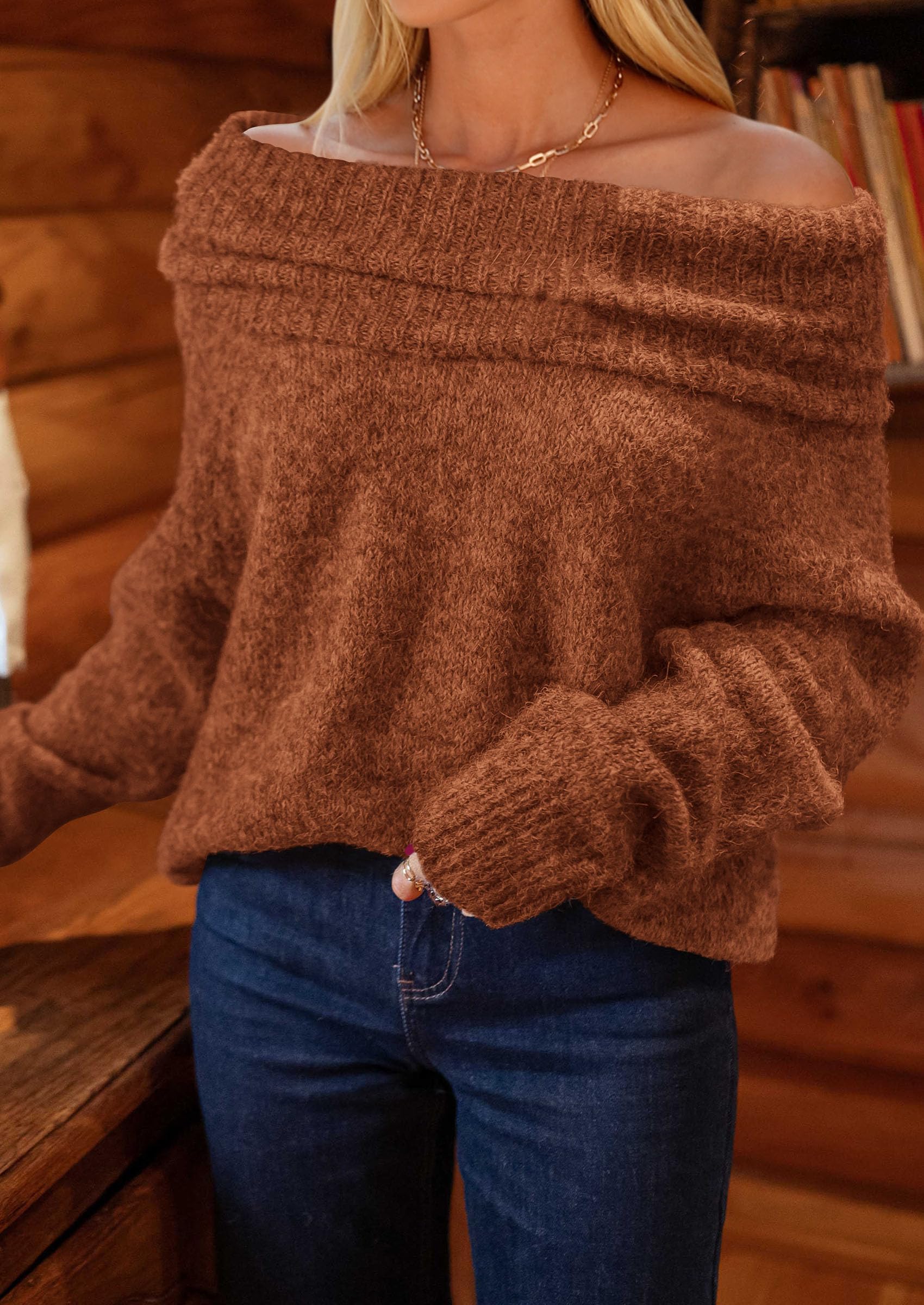Women's Fall Off The Shoulder Sweater,Brick Red,S