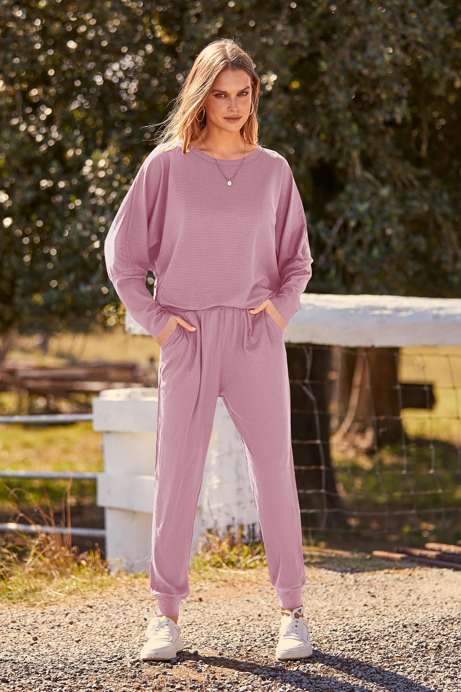 Women's 2 Piece Outfit Matching Lounge Set, Pink,S