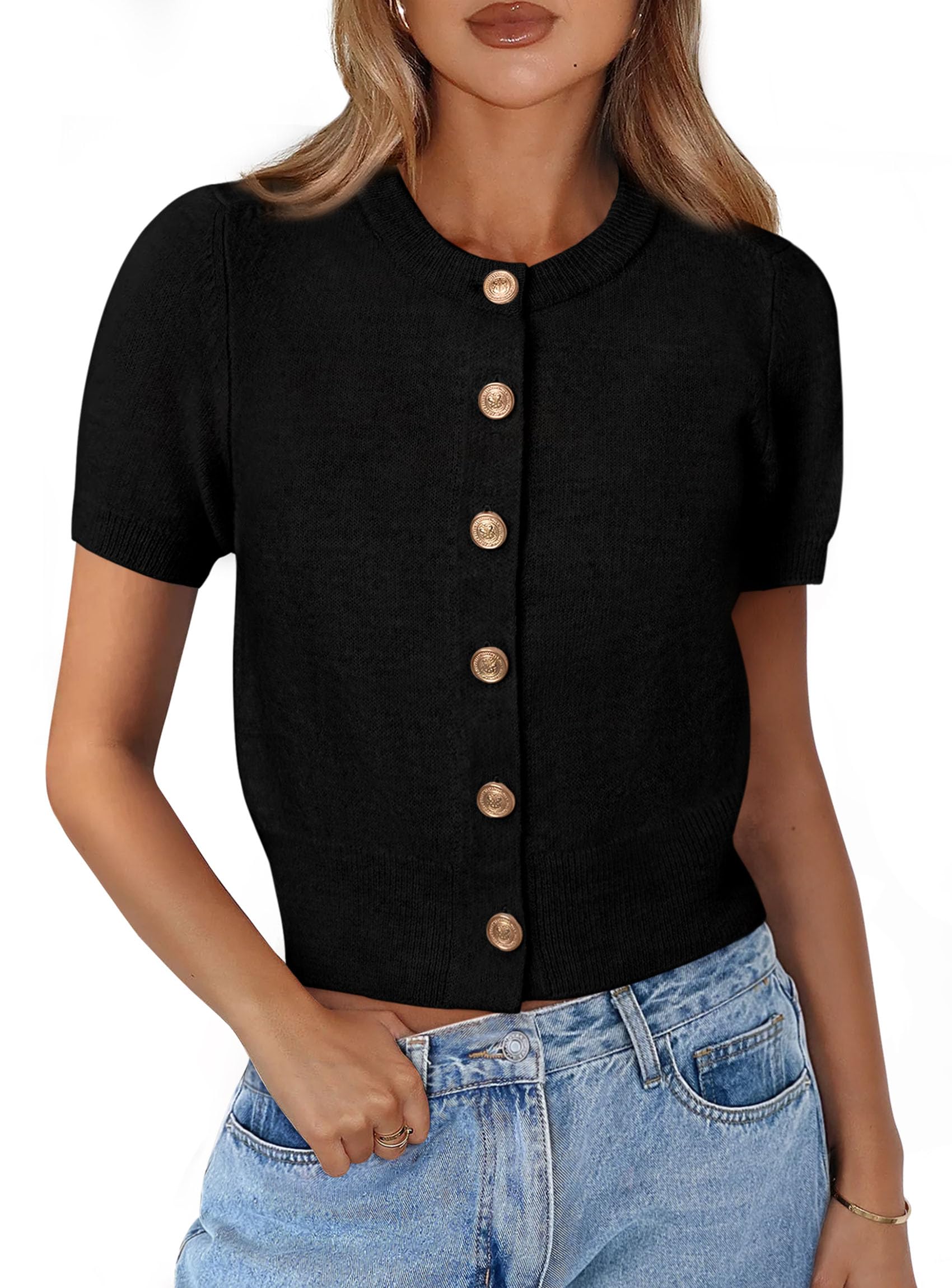 Womens Summer Cardigan Short Sleeve Sweater,Black,S