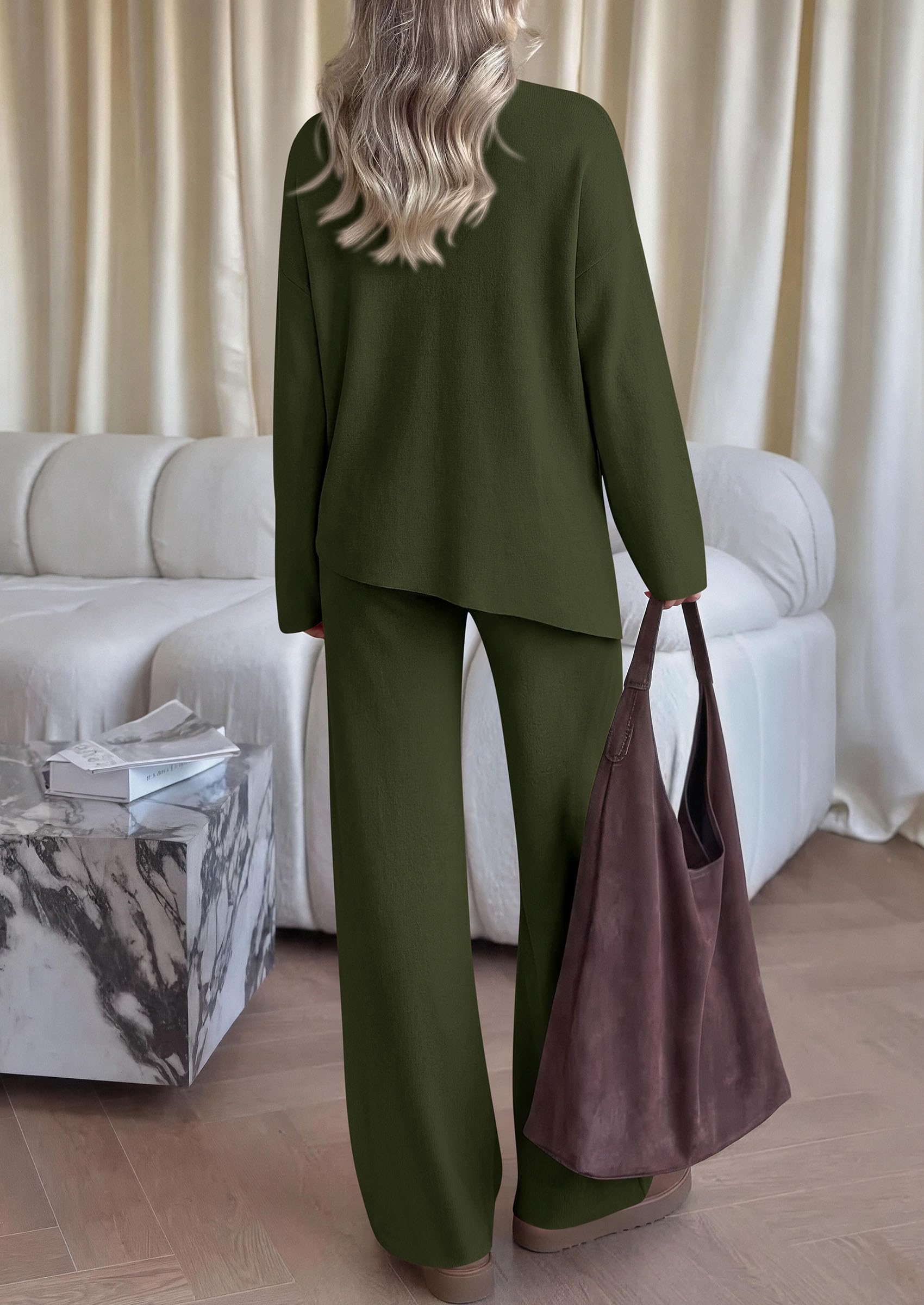 Womens Fall 2 Piece Asymmetric Cozy Sweater Travel Lounge Sets