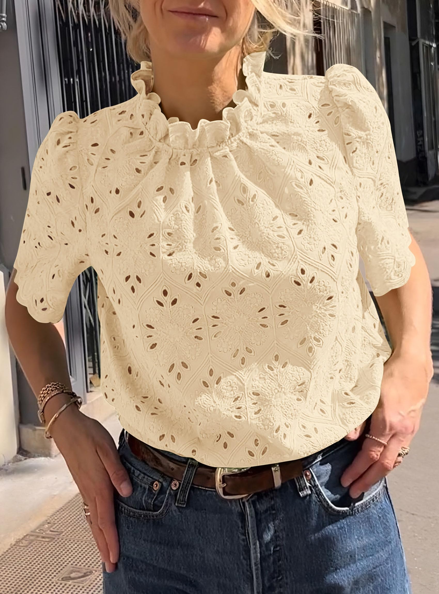 Women Summer Tops Eyelet Embroidered Shirts,Beige Yellow,XS