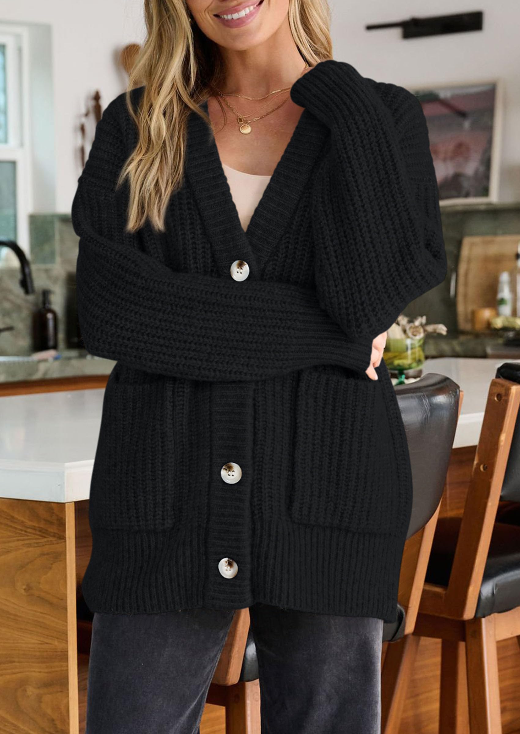 Oversized Cardigan Sweaters for Women Button Up,Black,S