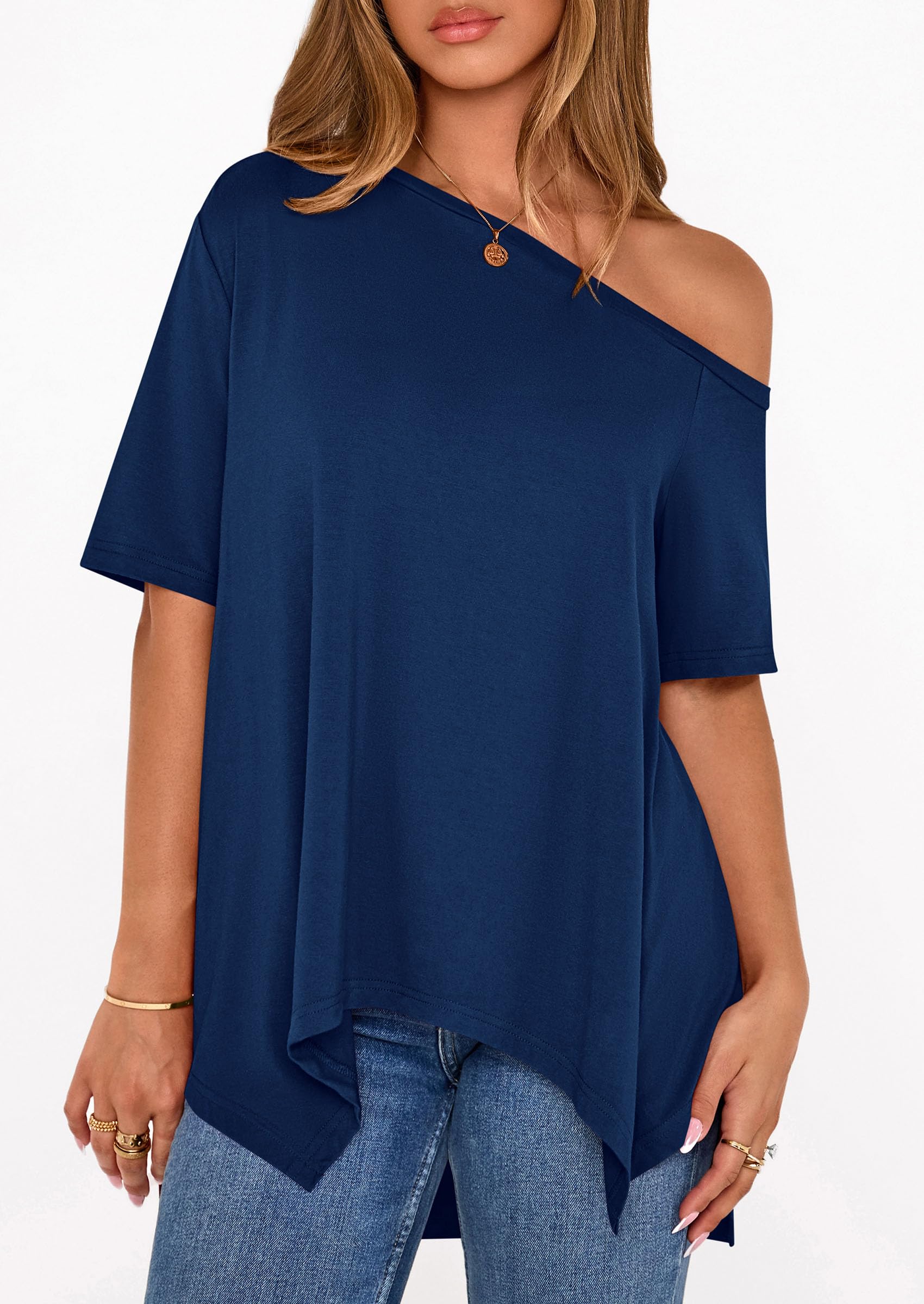 Off Shoulder Tops for Women Oversized Tshirts, Dusty Blue,S