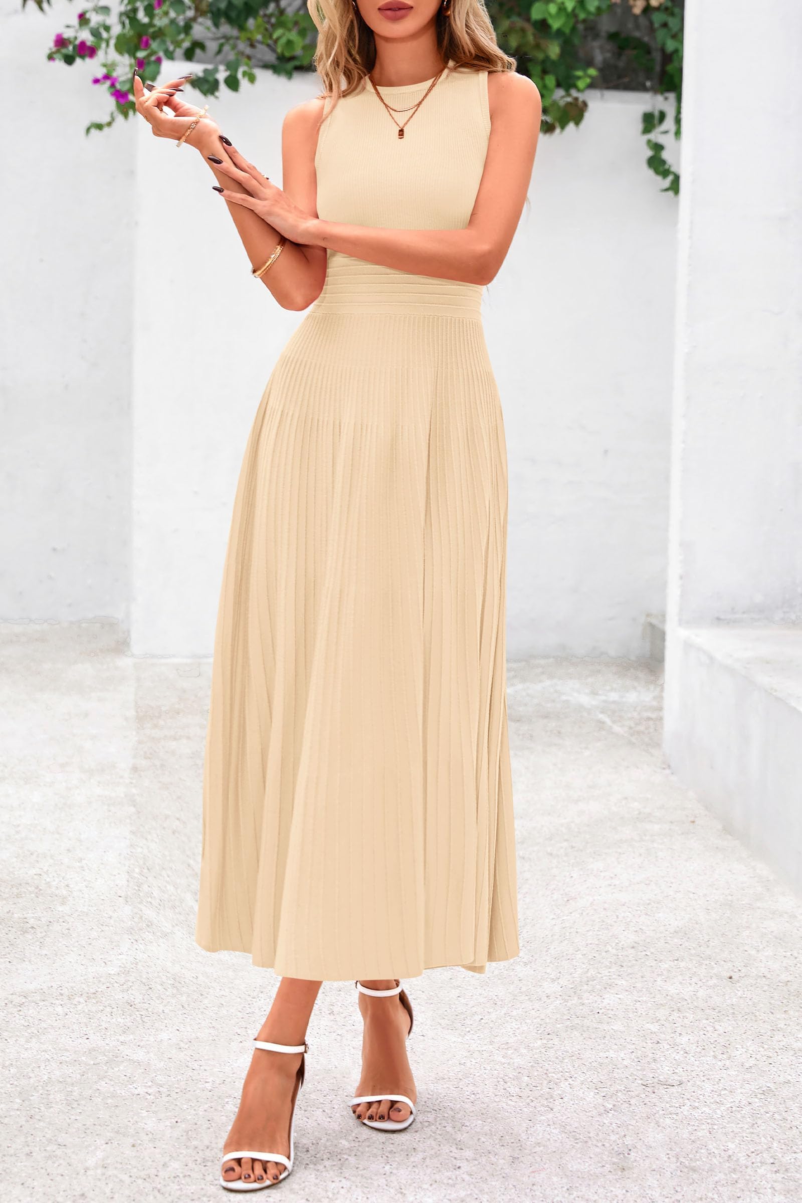 Women's Summer Pleated Midi Work Dress,Apricot,S