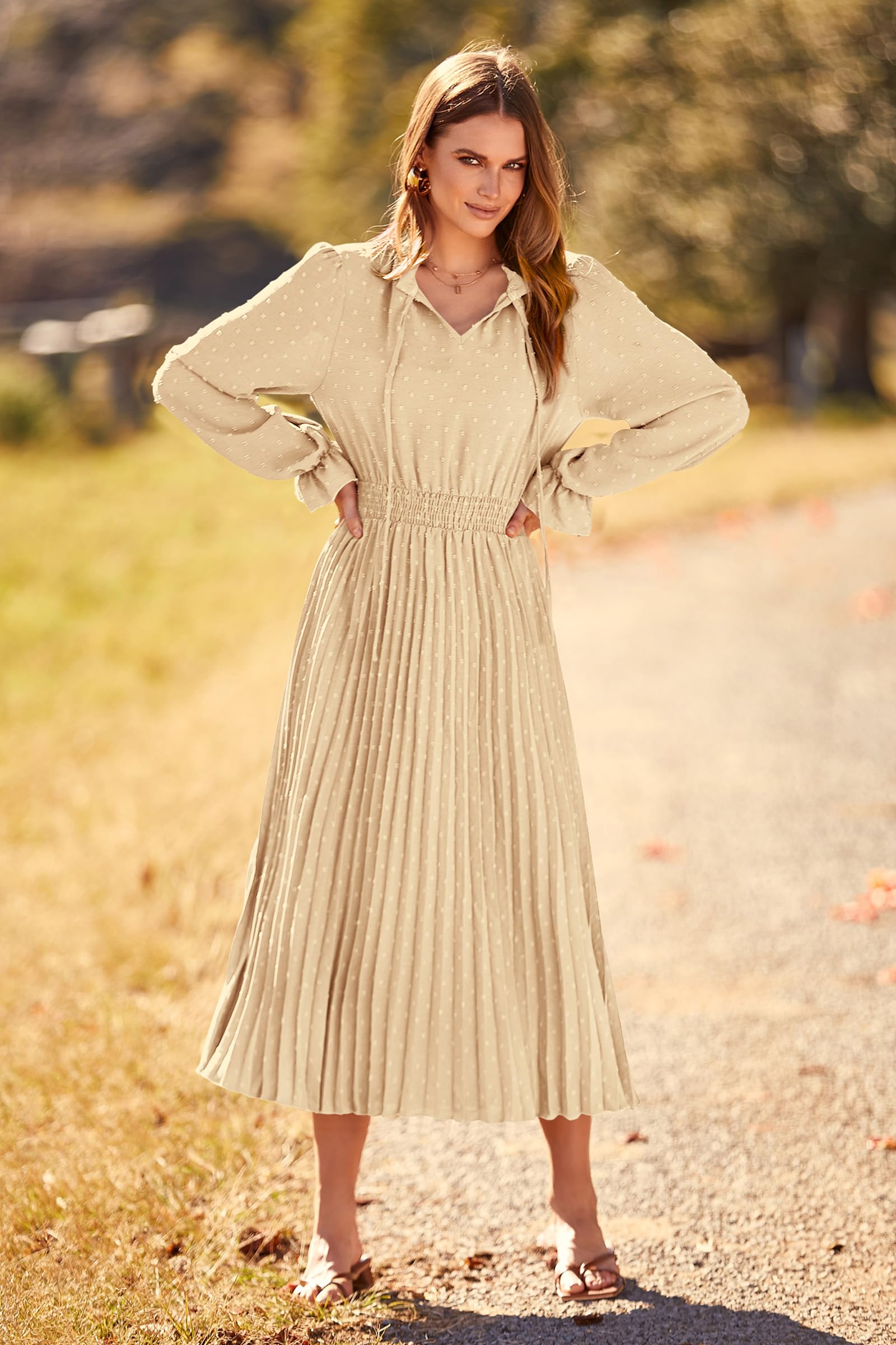 Women's Fall Midi Wedding Guest Dress(Apricot,Small)