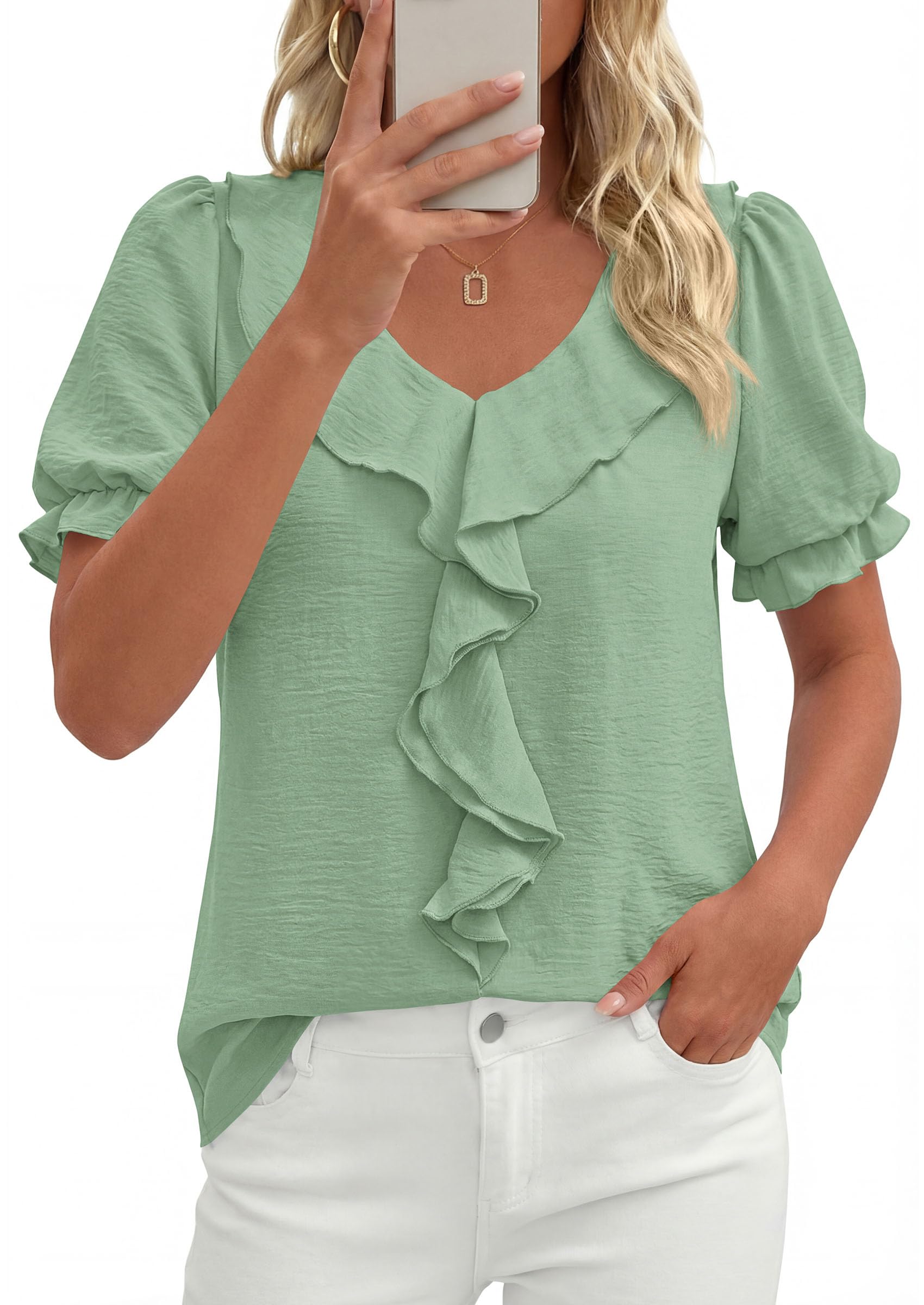 Women's Summer Ruffle Dressy Casual Blouses (Light Green,S)