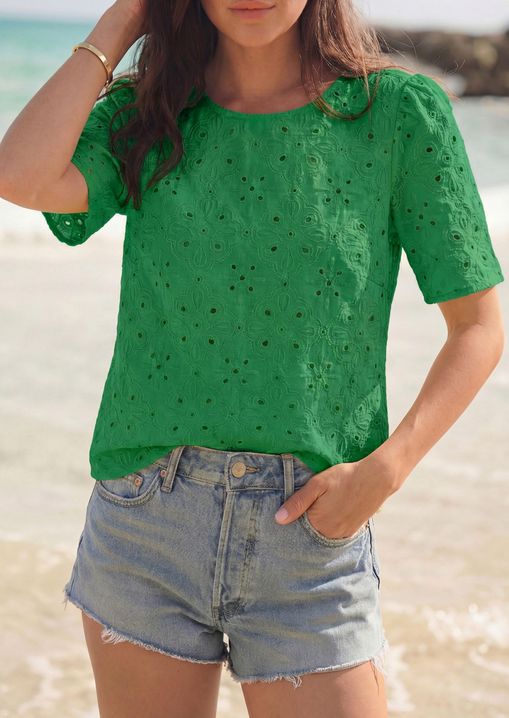 Women's Embroidered Eyelet Short Sleeve Blouse, Green,XS