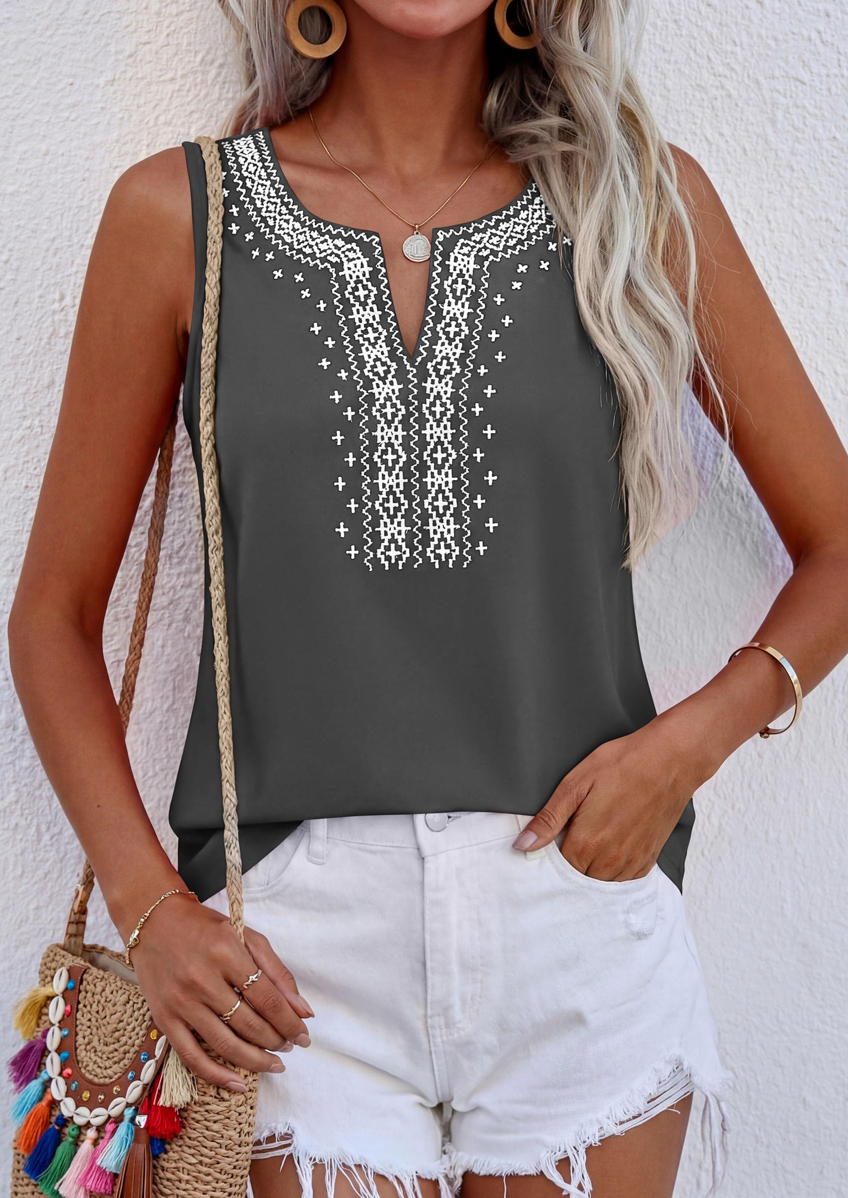 Womens Embroidered Sleeveless Tank Tops Grey,S