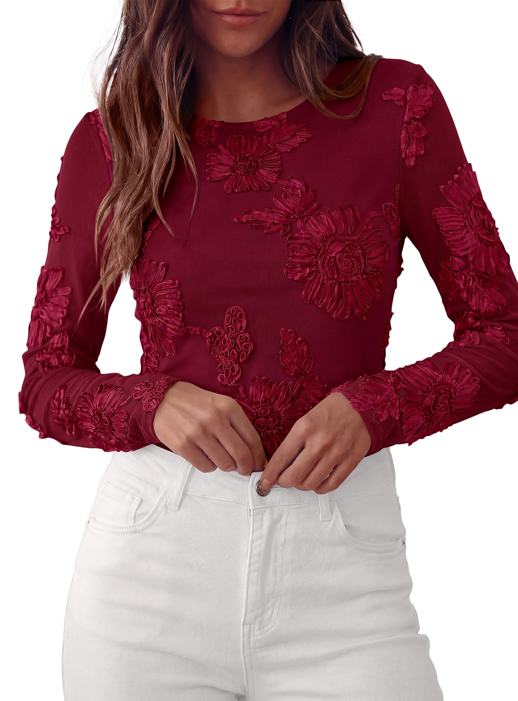 Women's Mesh Long Sleeve Embroidered Floral Tops Fall Blouses