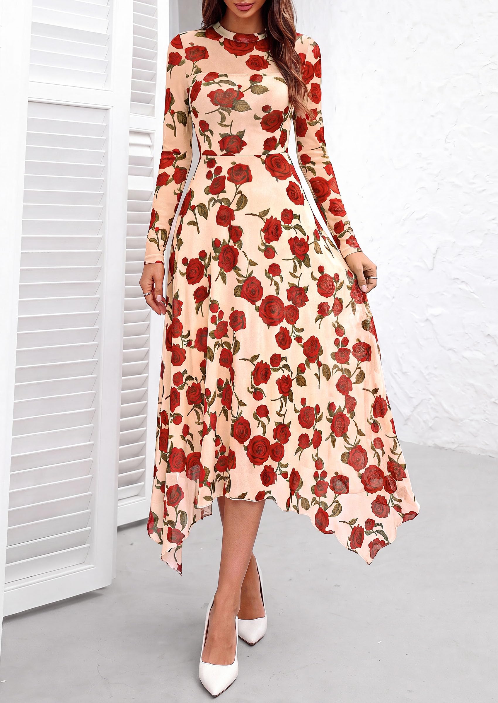 Women's Floral Mesh Midi Dress,Floral Apricot Red,S