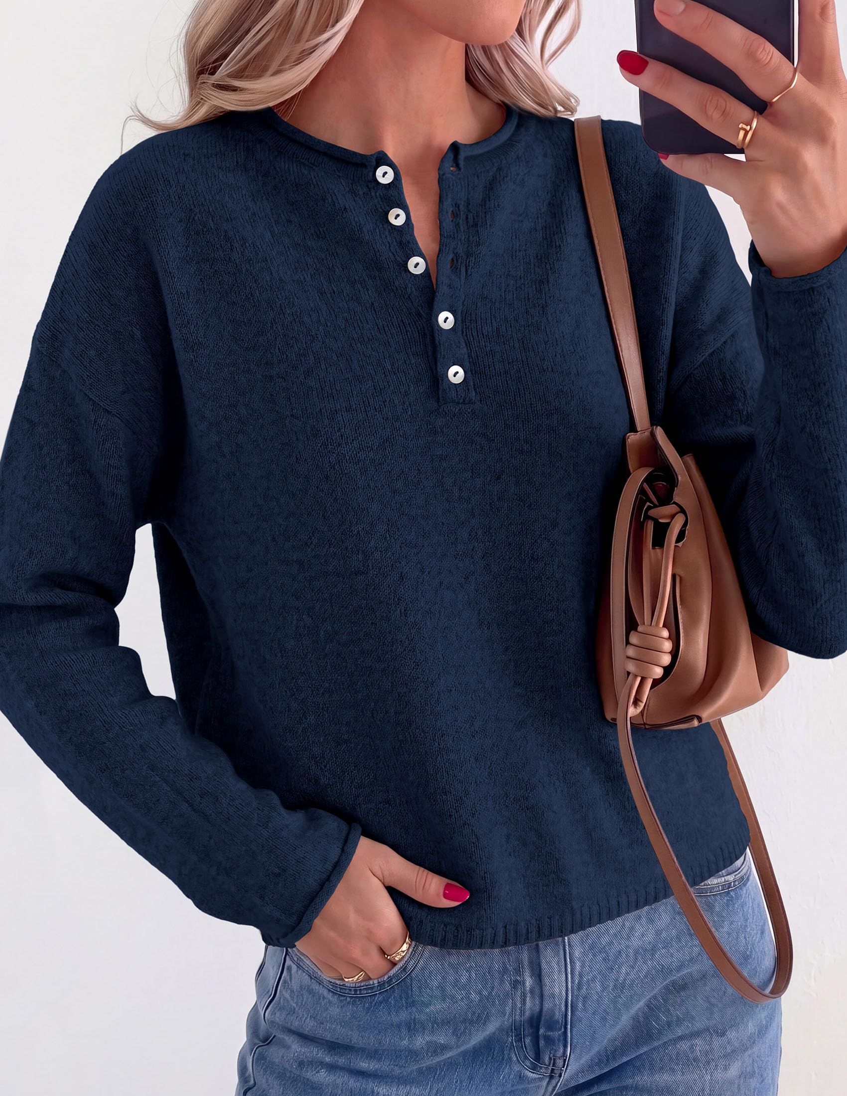 Women's Henley Cozy Sweaters Button Up Pullover Navy Blue S